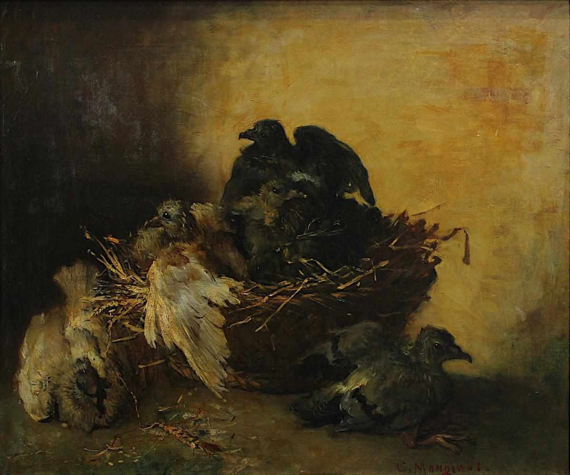 Monginot, Charles (Brienne-le-Château 1825 - Dienville 1900), Vogelnest mit fünf Jungvögeln, Öl - Bild 2 aus 4