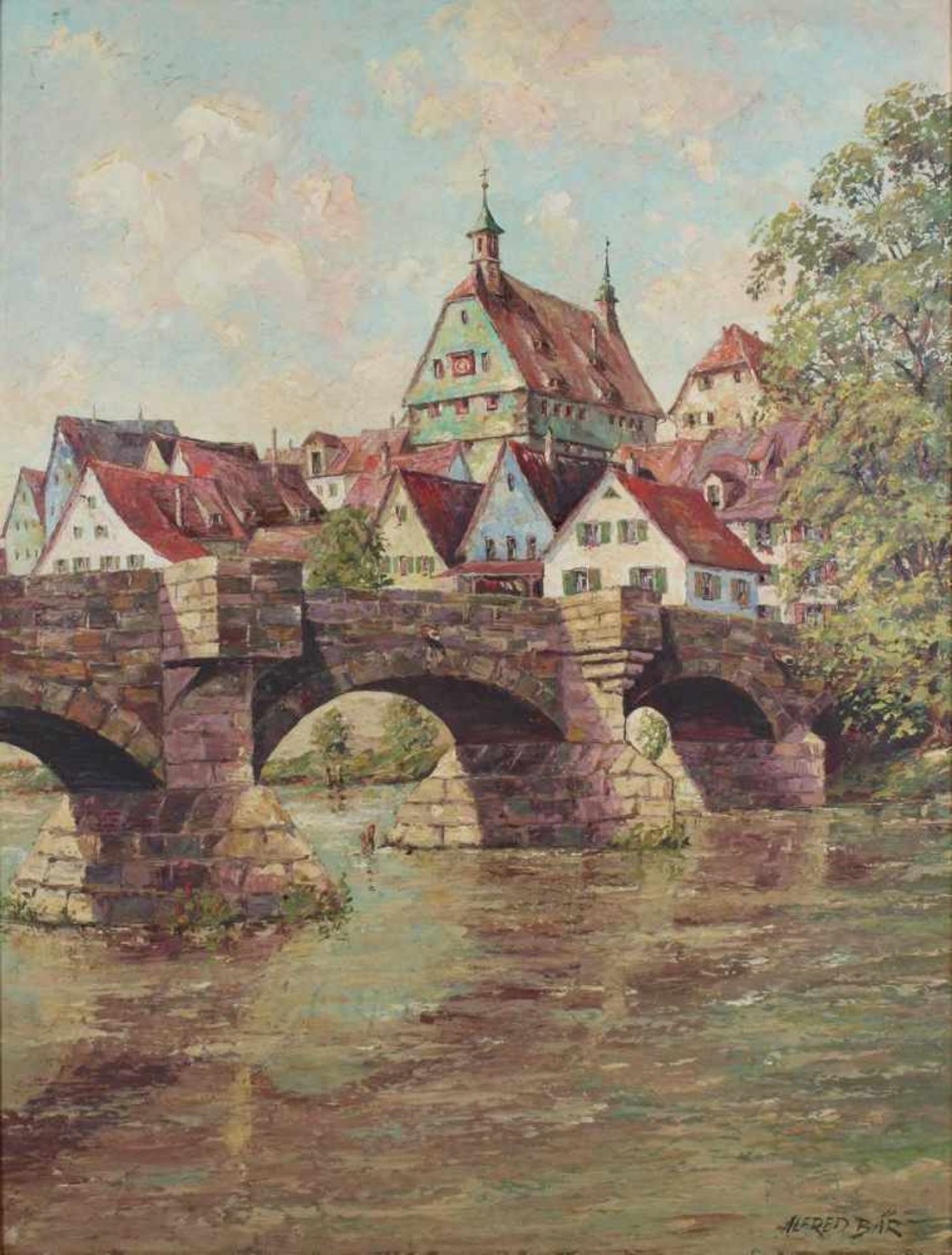 Bär, Alfred (deutscher Maler Mitte 20. Jh.), Blick wohl auf Rothenburg über die Tauber hinweg, Öl - Bild 2 aus 2