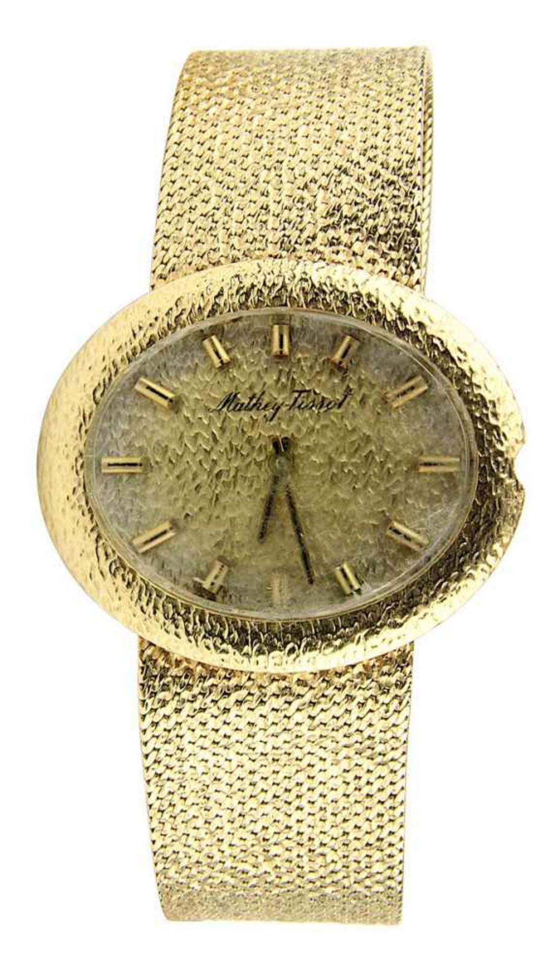 Mathey-Tissot Goldene Herren-Armbanduhr, Schweiz um 1960, ovales Zifferblatt mit Kunststoffglas,