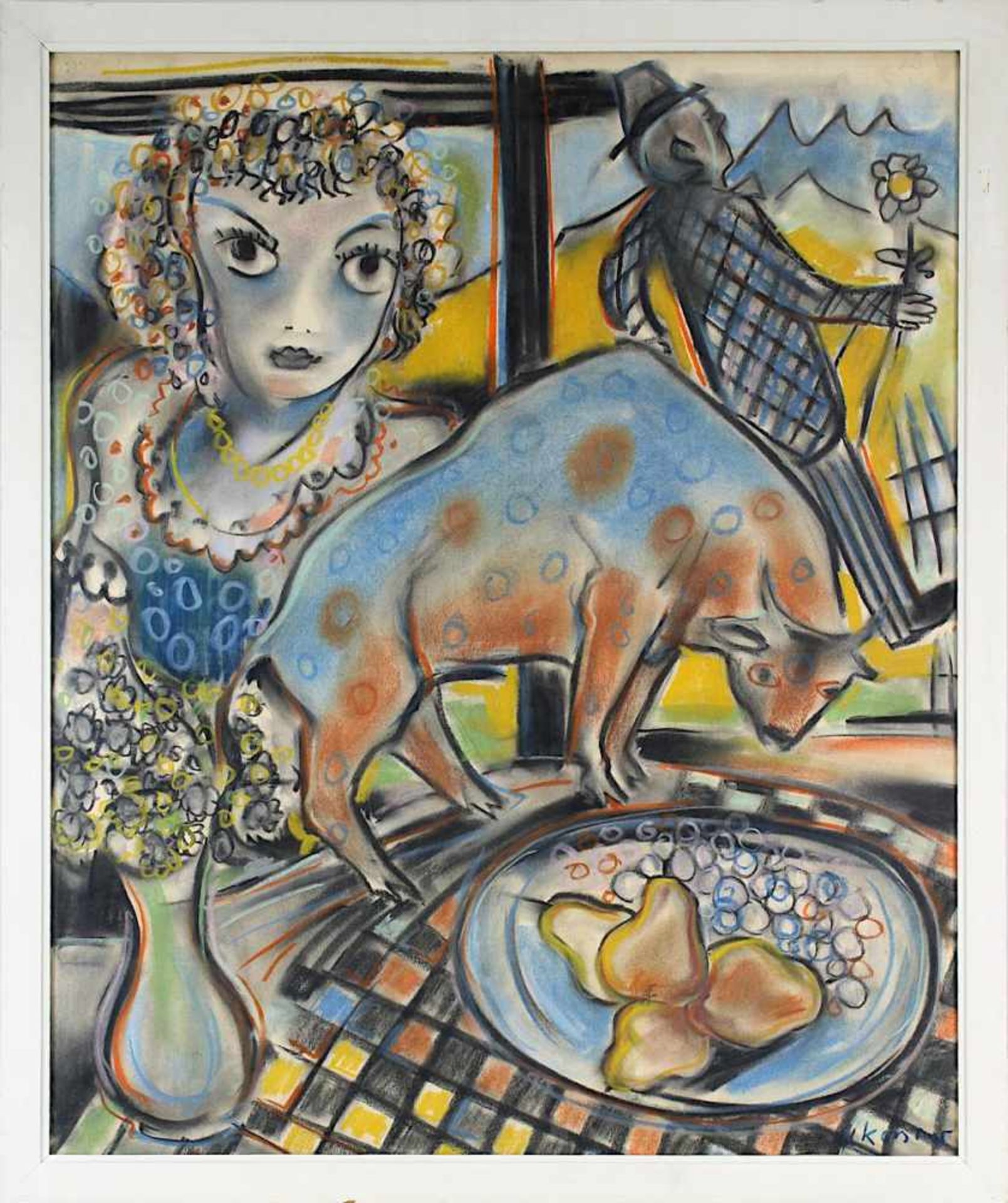 Kossow, Arthur (Hamburg 1911 - 1959 Saarbrücken), Stilleben mit Früchten, Blumen, Frau u. Stier,