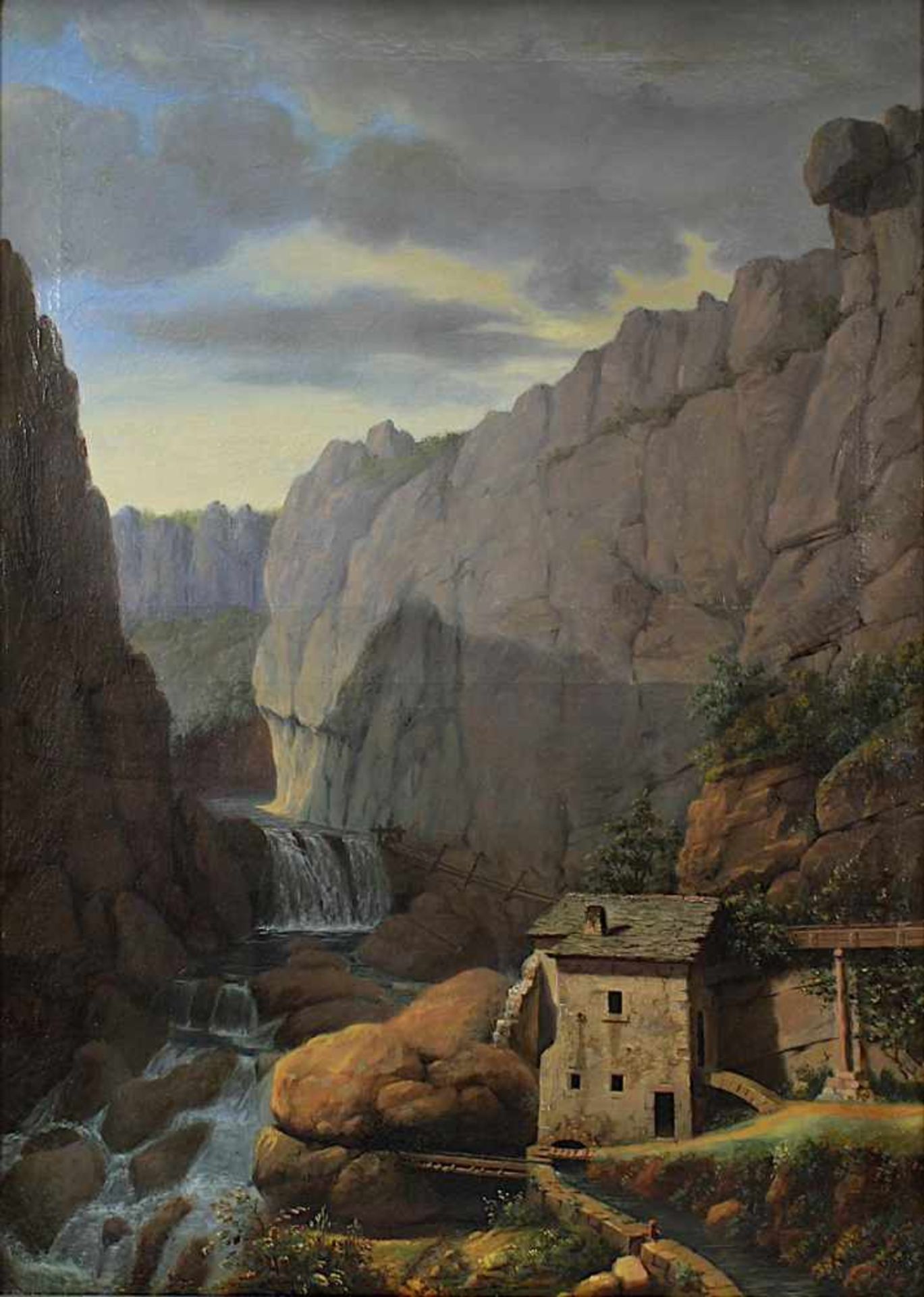 Landschaftsmaler, 1. H. 19. Jh., Schlucht mit Gebirgsbach und Mühlengebäude, Öl auf Leinwand, - Bild 2 aus 3