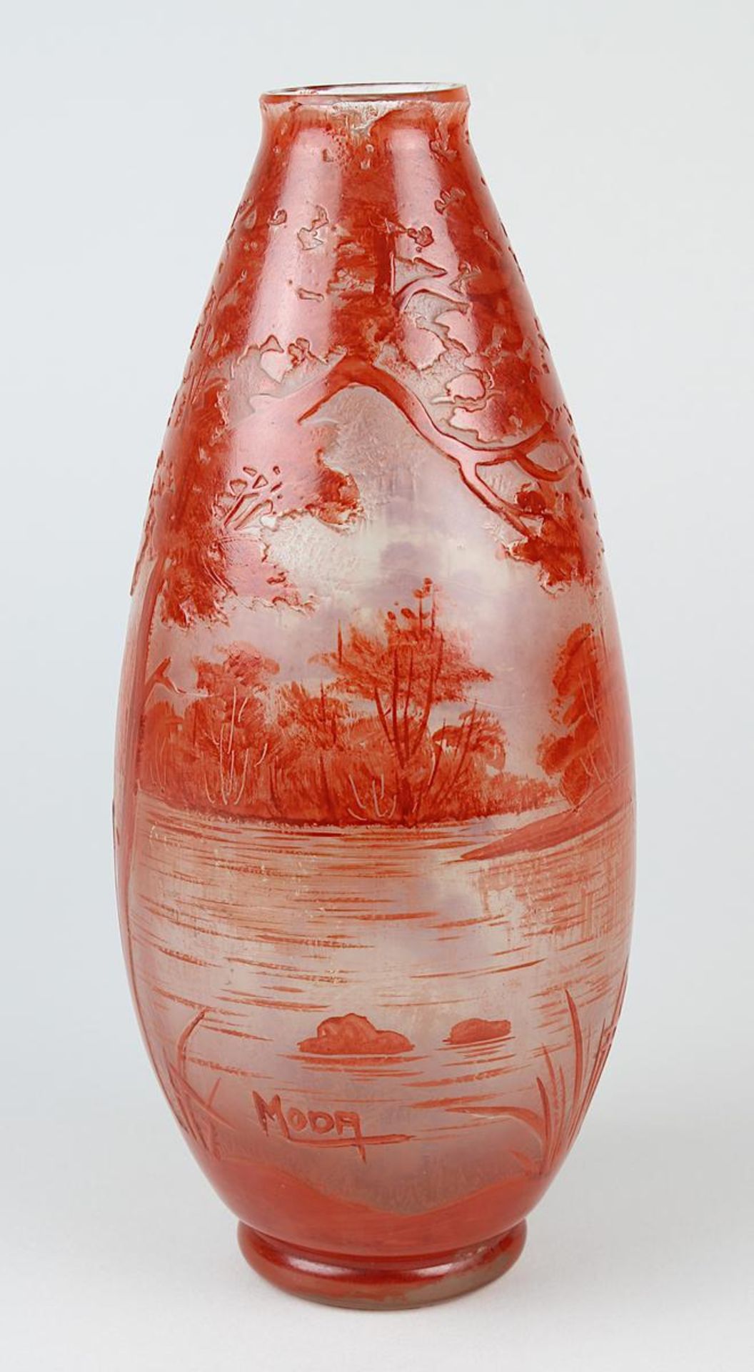 Moda Daum Vase, um 1920, Inhaber Paul Daum, Nancy, Klarglas, Außenwandung mit im Relief geätzter - Bild 3 aus 4