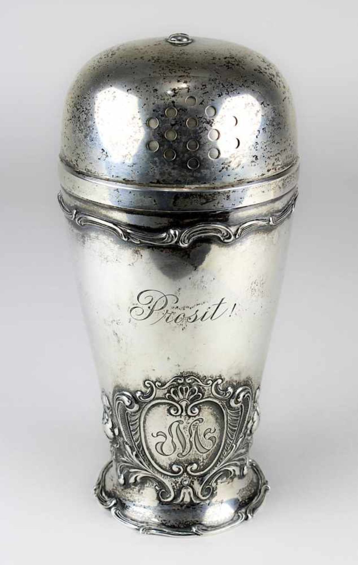 Cocktailshaker aus Sterlingsilber, England, Birmingham Ende 19. Jh., im Barockstil, mit reliefierter