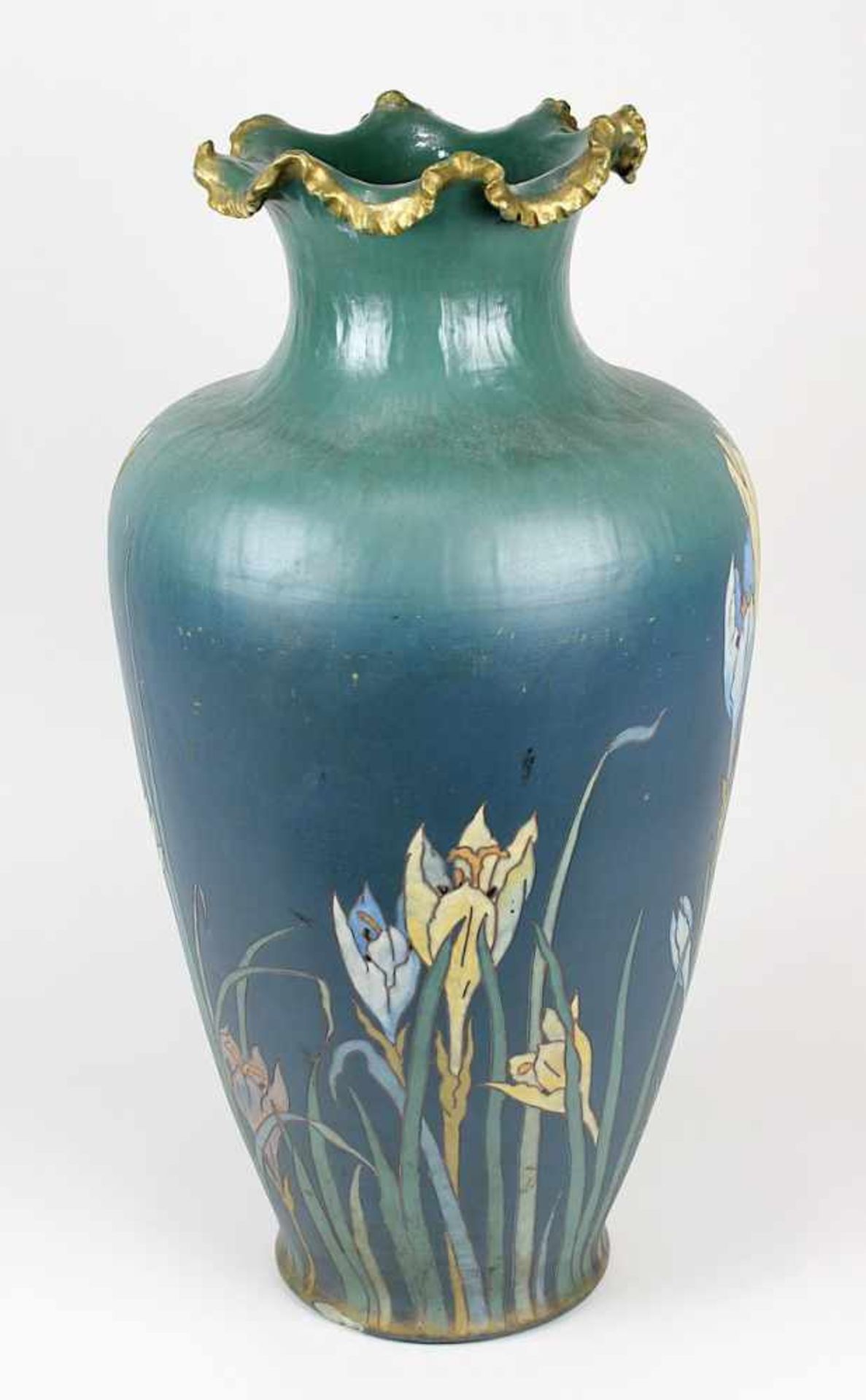 Villeroy & Boch große Jugendstil-Chromolithvase mit Krokusdekor, Mettlach 1899, Steinzeug grauer - Bild 4 aus 4