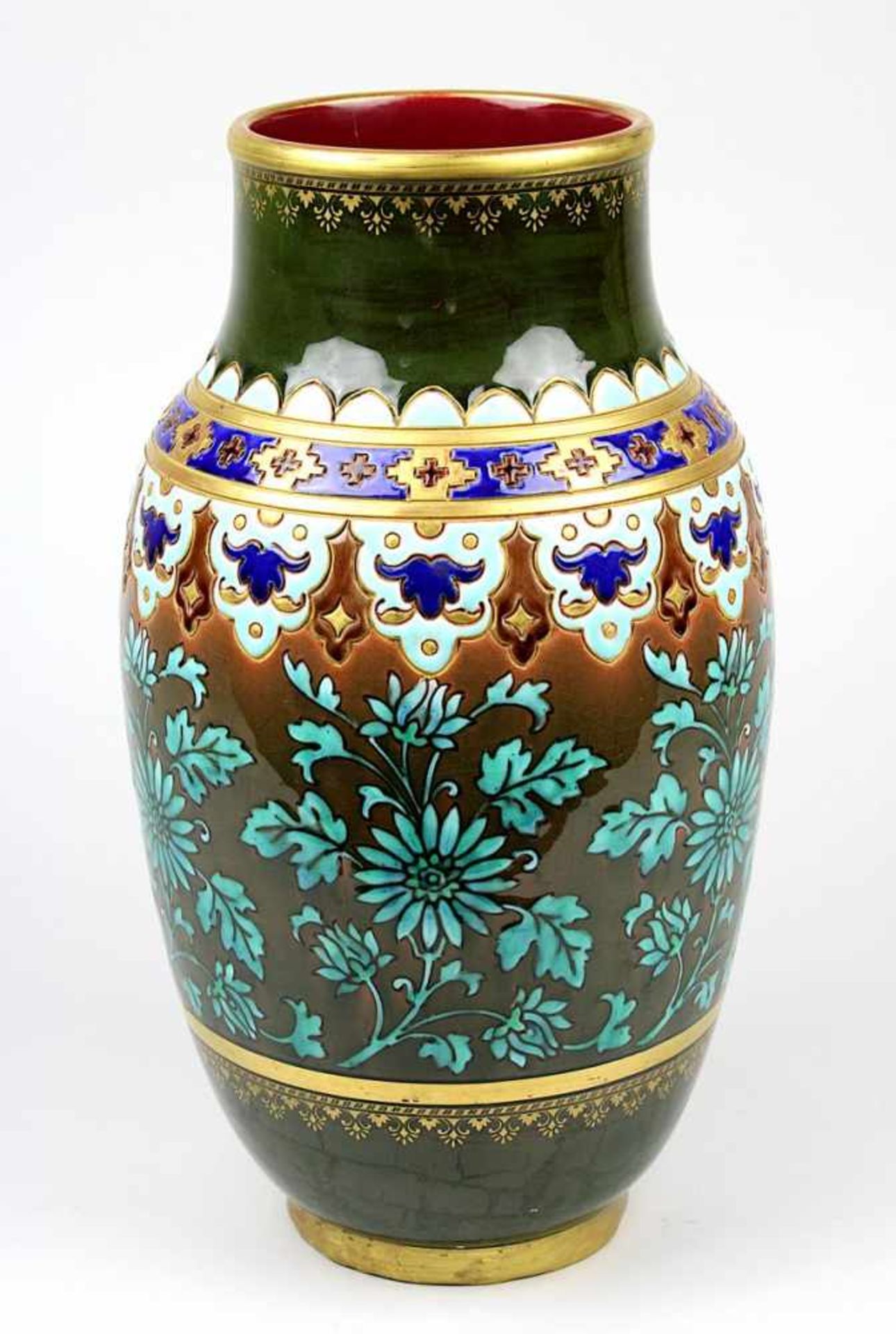 Sarreguemines Majolica-Vase, Utz Schneider & Cie um 1900, Keramik, roter Scherben, Außenwandung