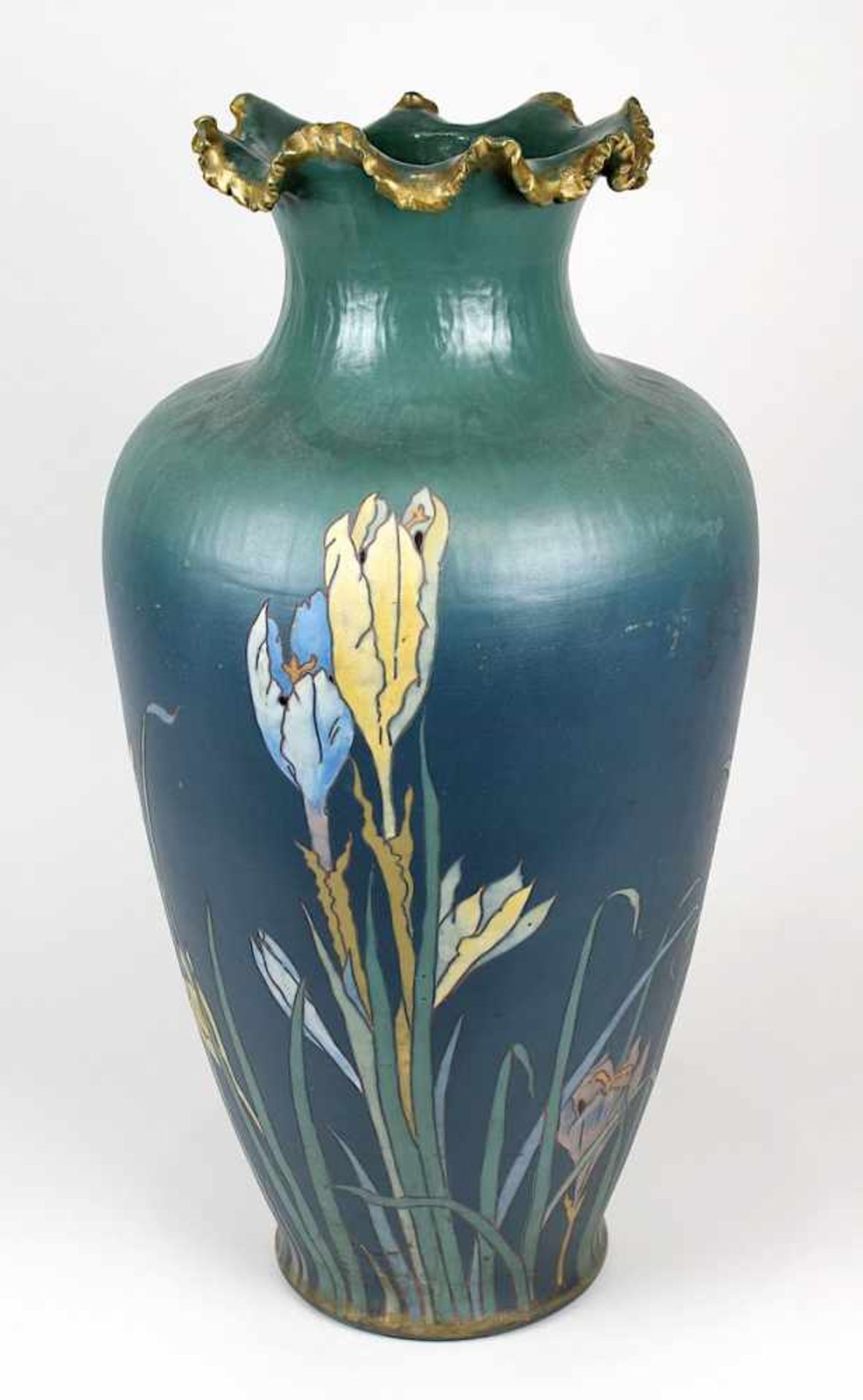 Villeroy & Boch große Jugendstil-Chromolithvase mit Krokusdekor, Mettlach 1899, Steinzeug grauer - Bild 2 aus 4