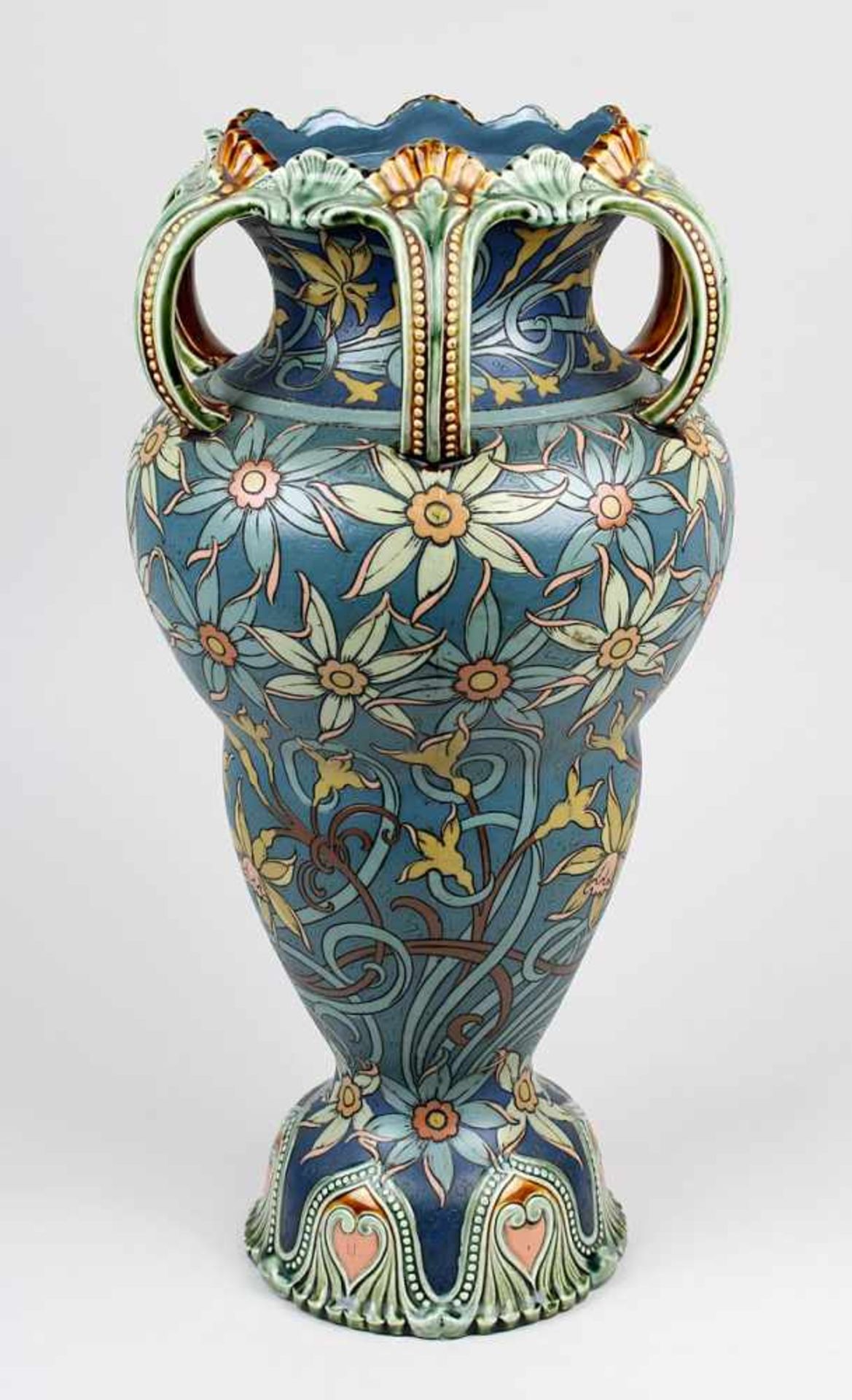 Villeroy & Boch Jugendstil-Vase, Mettlach 1912, große balusterförmige Chromolith-Vase mit 6