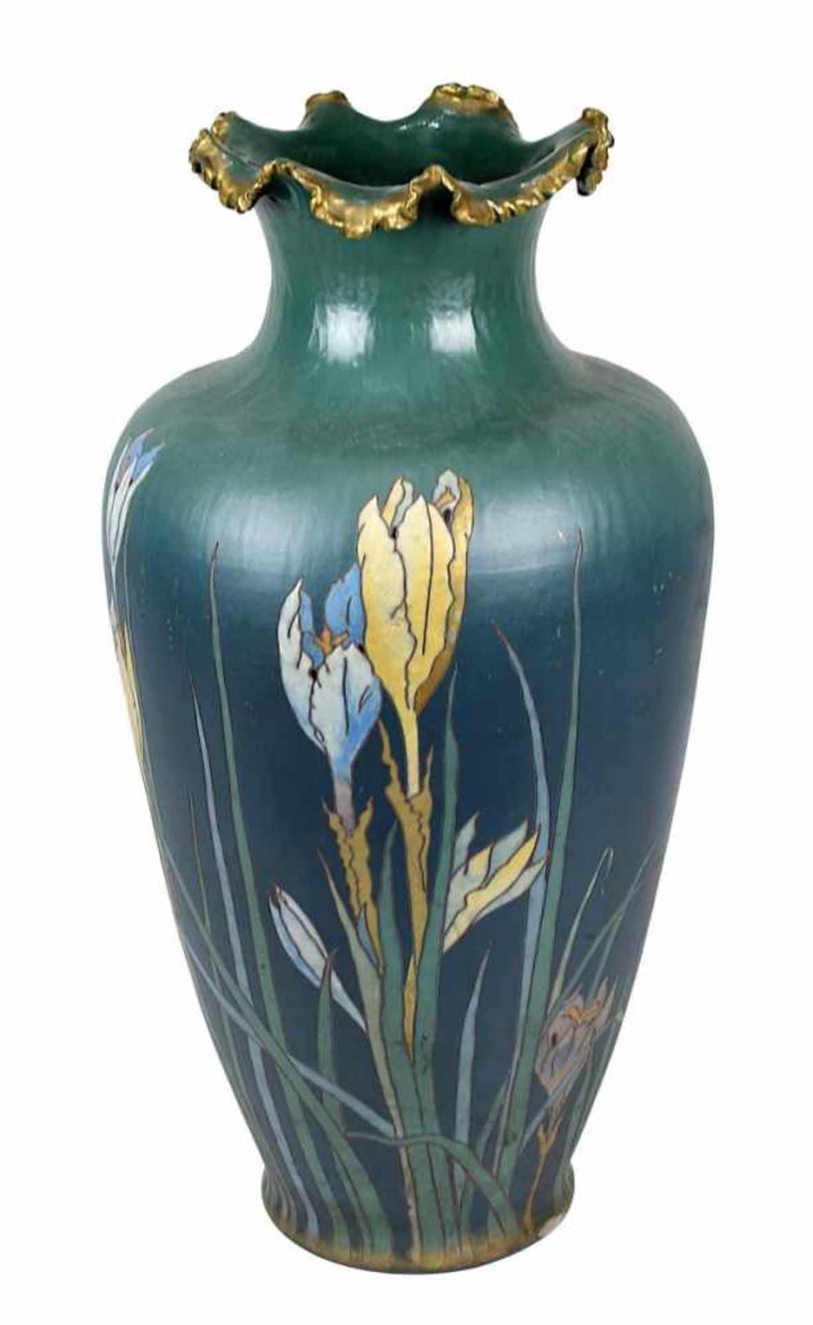 Villeroy & Boch große Jugendstil-Chromolithvase mit Krokusdekor, Mettlach 1899, Steinzeug grauer