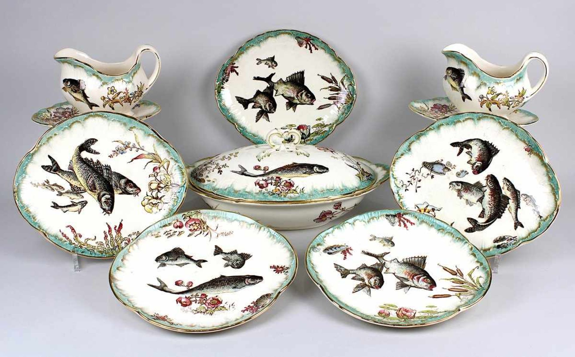 Villeroy & Boch Fischservice, Mettlach um 1890, Dekor Delphin, Keramik heller Scherben, mit