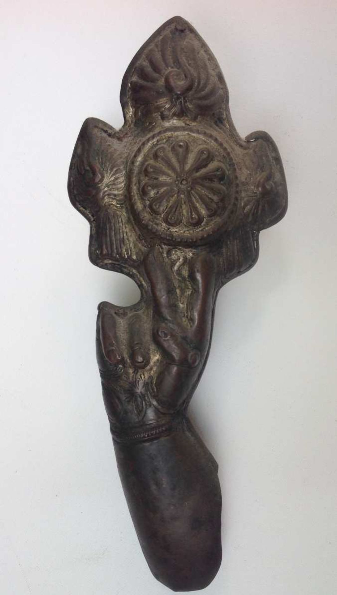 South India, 18th/19th century, Rare hand of Shiva in bronze holding the chakra,