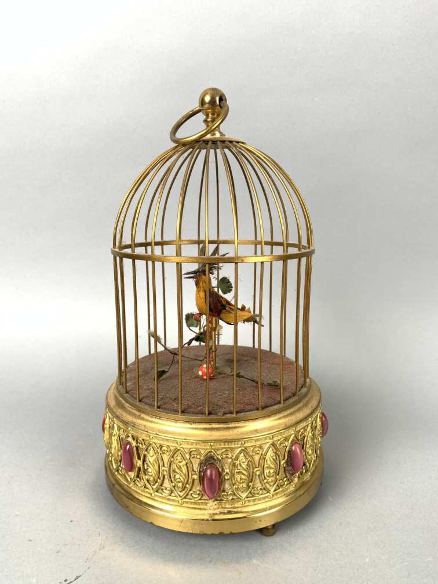 Cage à oiseau automate chanteur. Armature en laiton à barreaux. Prise anneau. Socle circulaire à