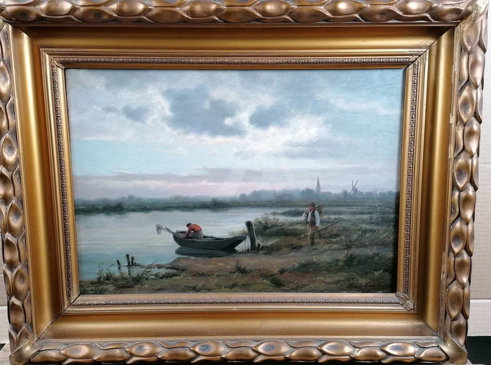 Frans Van KUYCK (1852-1915). Pêcheurs au bord d'une rivière. Toile. Signée en bas à droite. 32 x