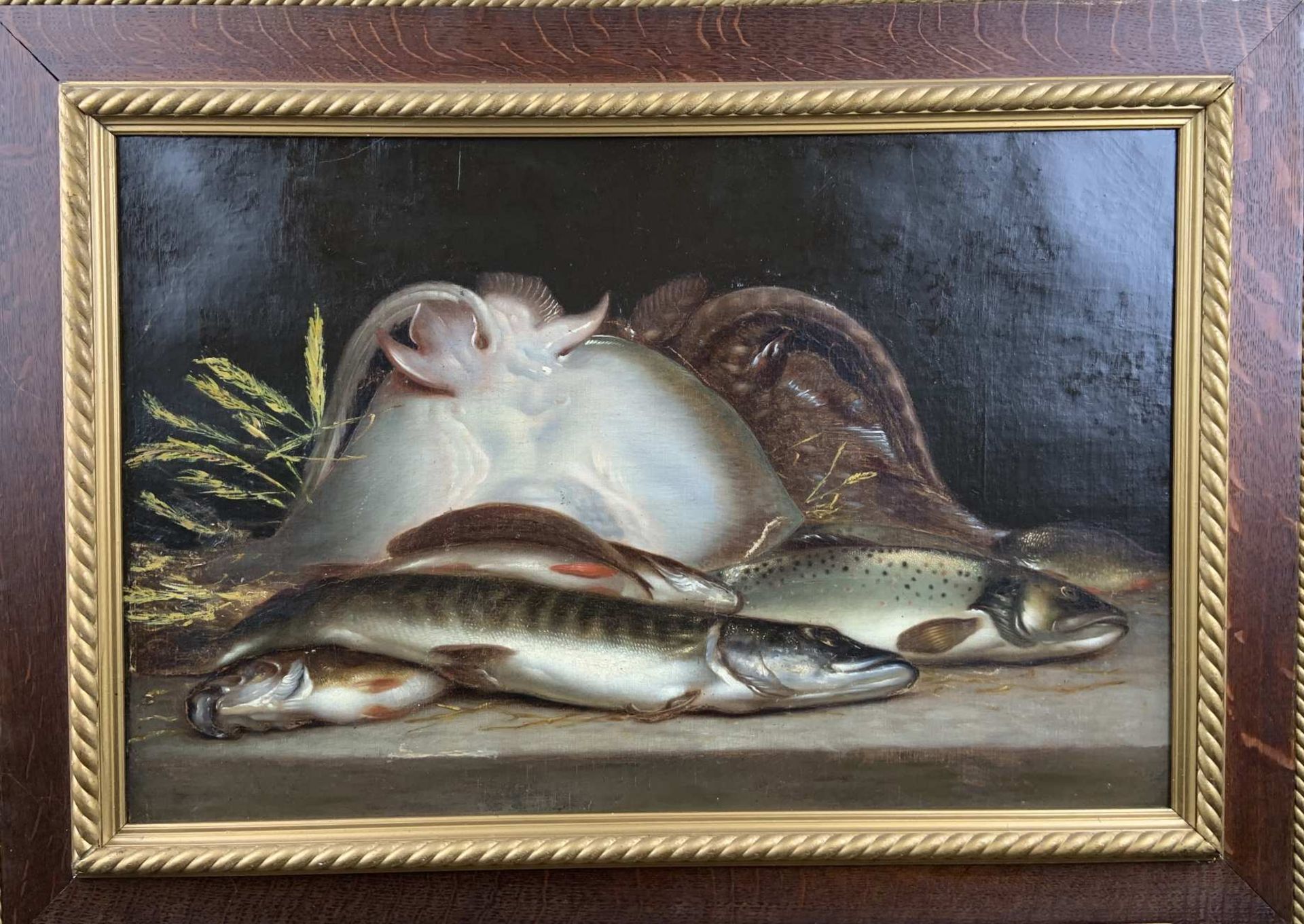 Ecole française du XIXe. Nature morte aux poissons. 46 x 70 cm. Cadre. Rentoilée.