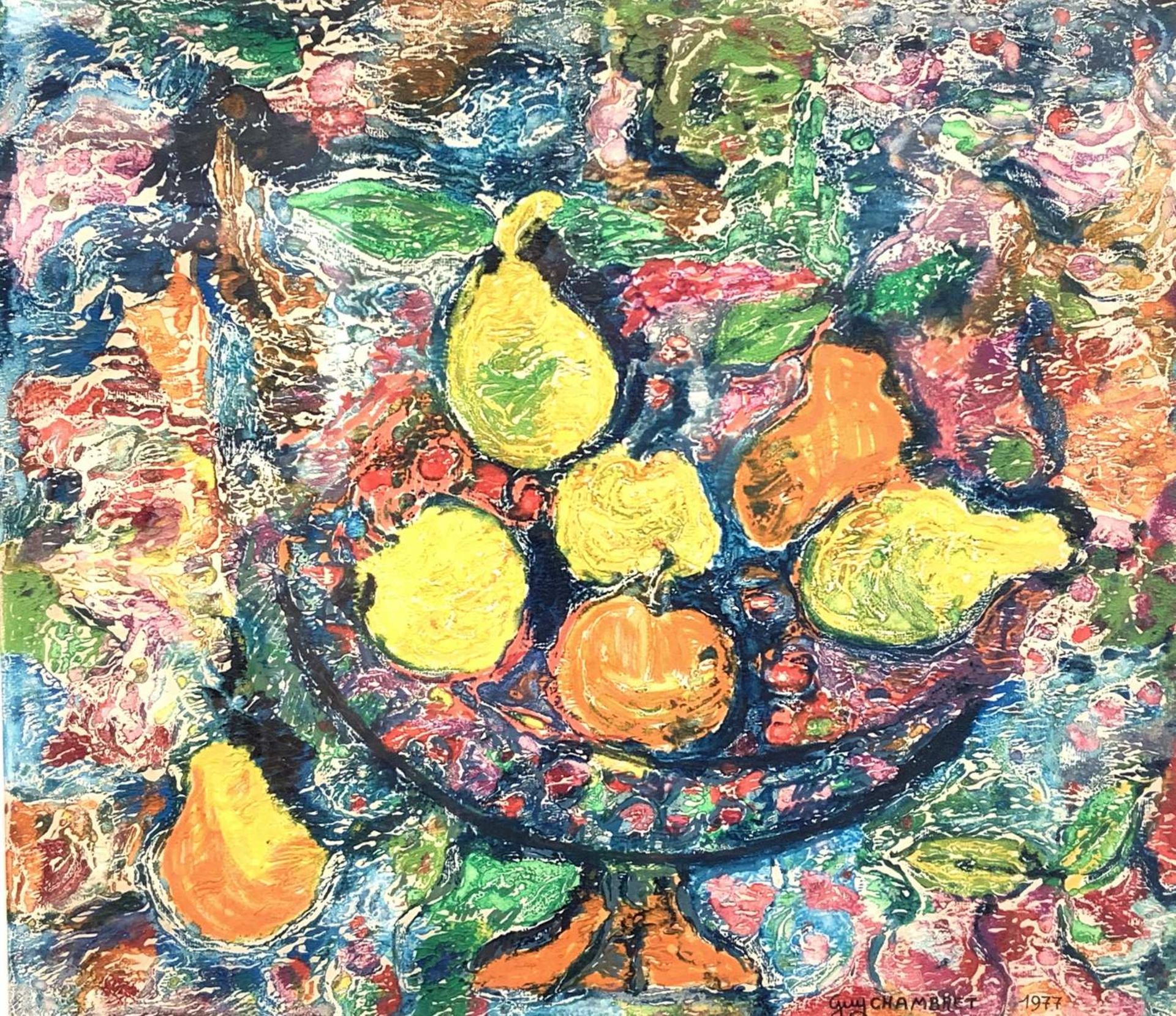 Guy CHAMBRET (1935-2004). Nature morte aux fruits. Monotype signé et daté 1977 en bas à droite. 37 x