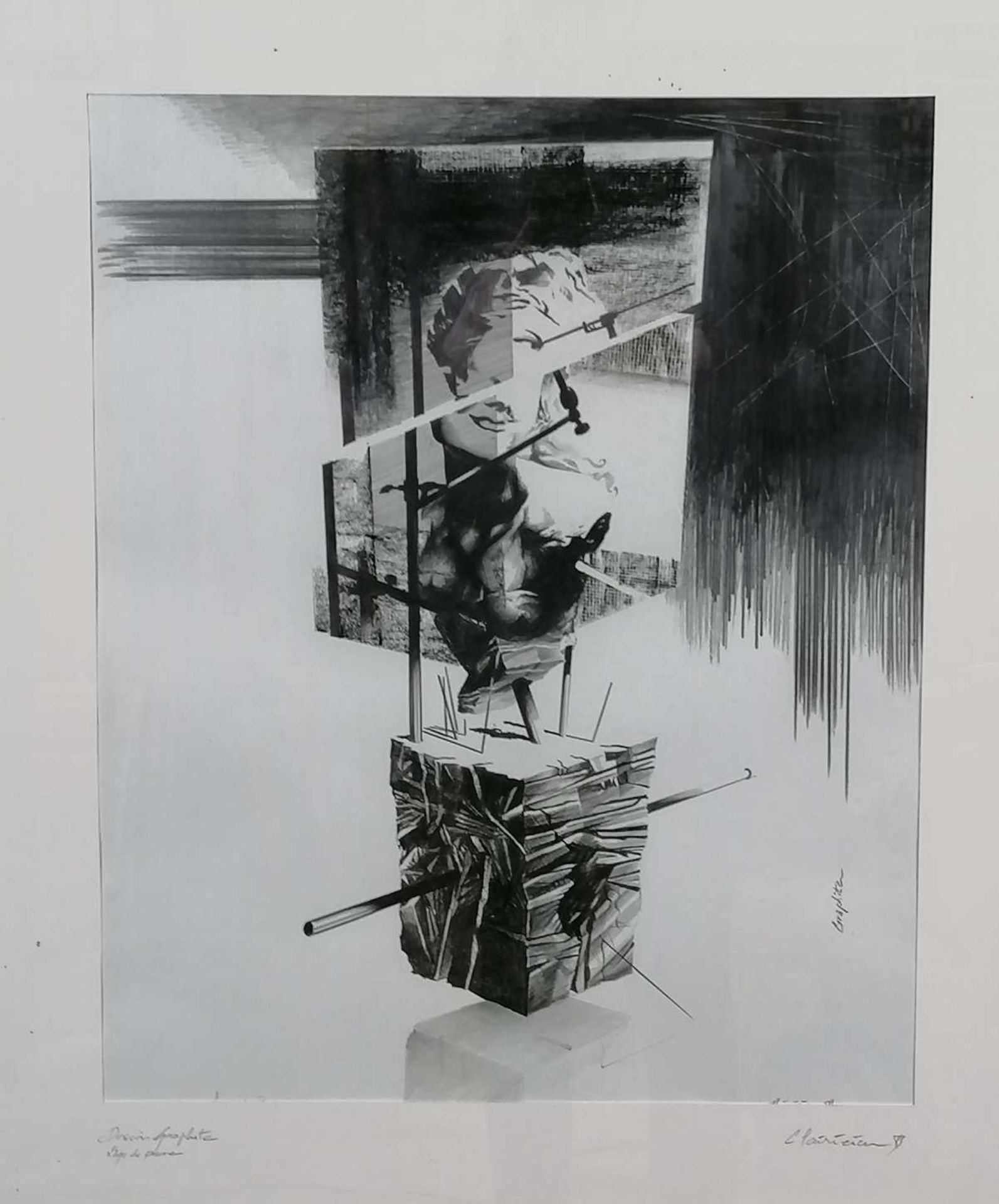 René CLAIRICIA (né en 1956), dit AàZ. L'age de pierre. Graphite. Signé en bas à droite. 45 x 57 cm.