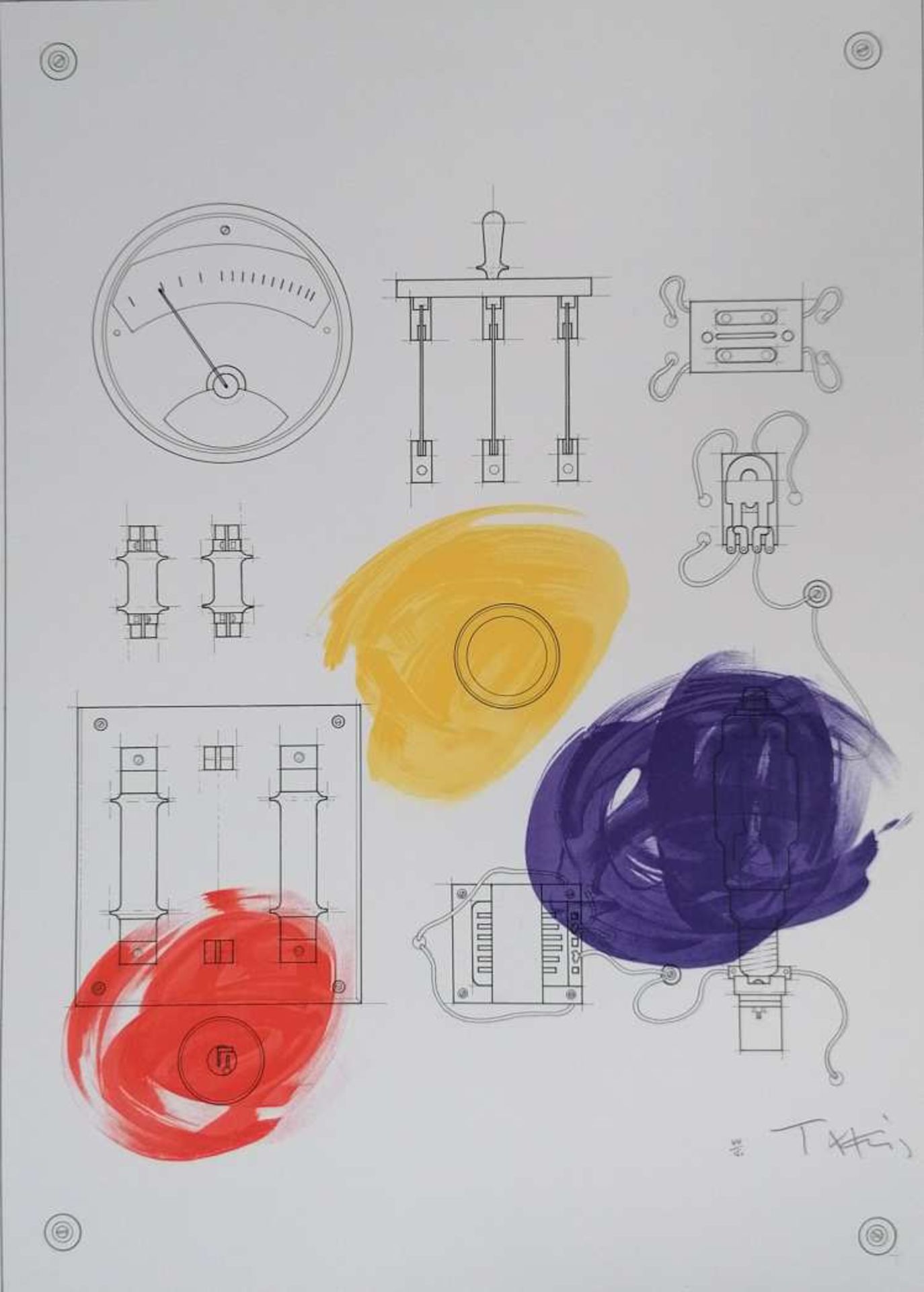 Vassilakis TAKIS (1925-2019). "CADRAN" Lithographie 74 x 52 cm. Composition électrique. Numérotée