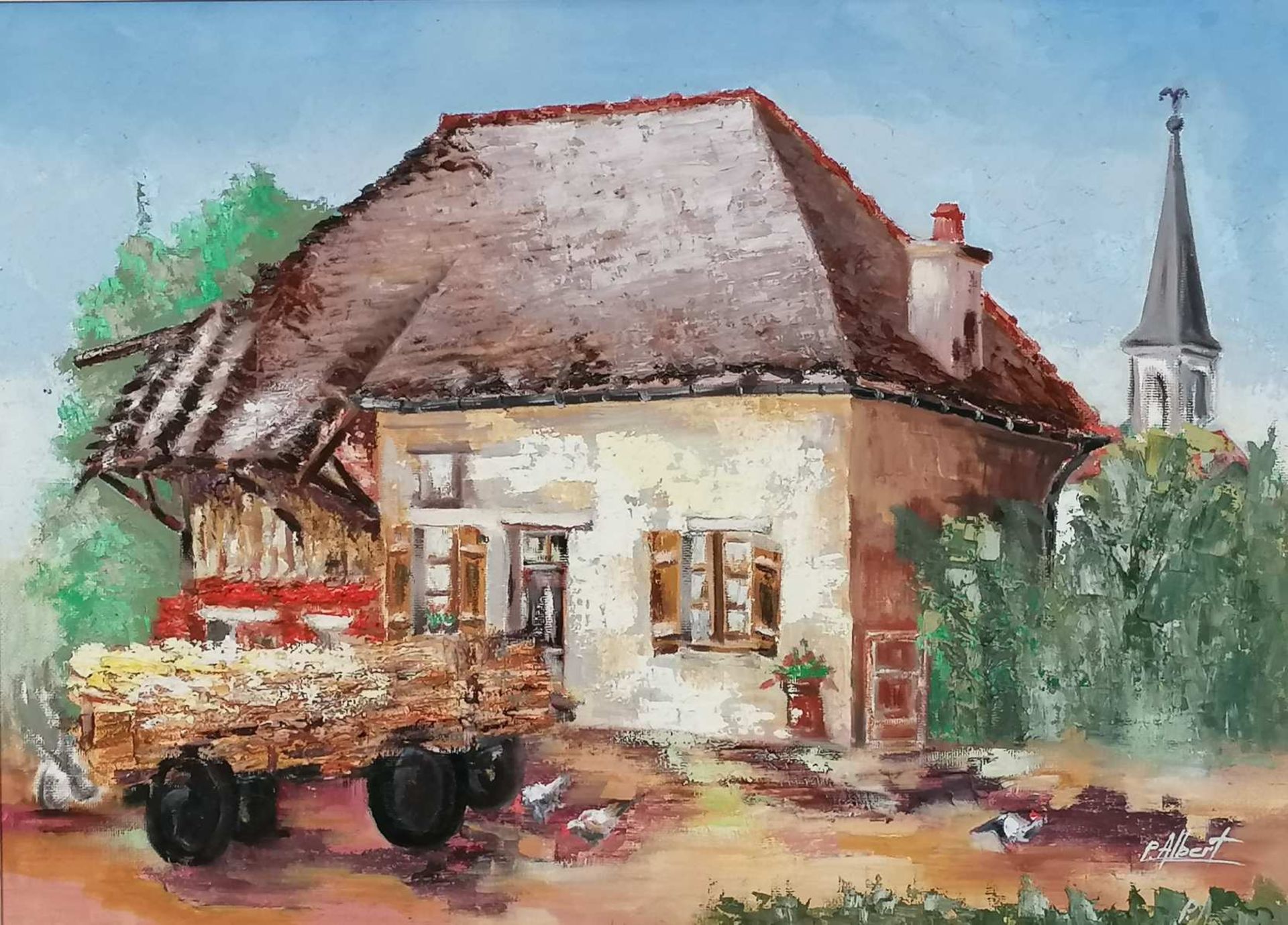 Pierre ALBERT. Ferme bressane. Huile sur carton, signée en bas à droite. 52 x 70 cm.