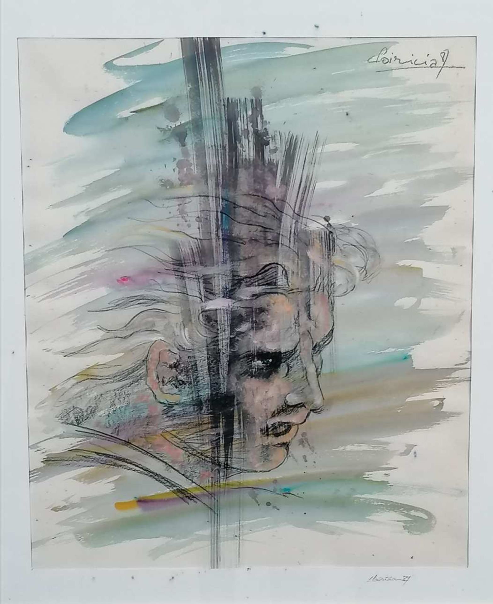 René CLAIRICIA (né en 1956), dit AàZ. Visage. Fusain et aquarelle. Signé et daté (19)89 en haut à