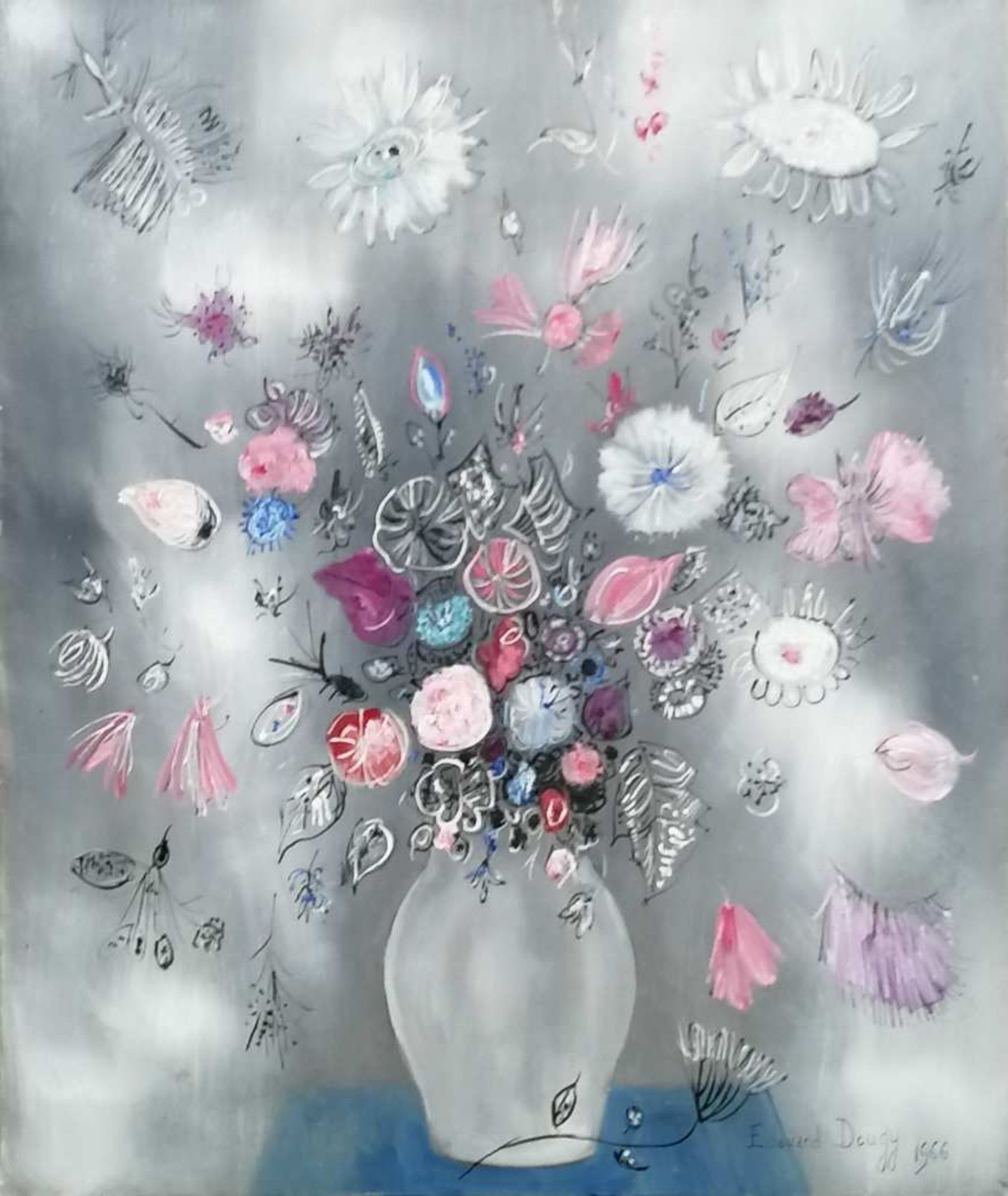 Edouard DOUGY (1912-1989). Fleurs de pêchers/Fleurs de neige. Huile sur toile, signée et datée