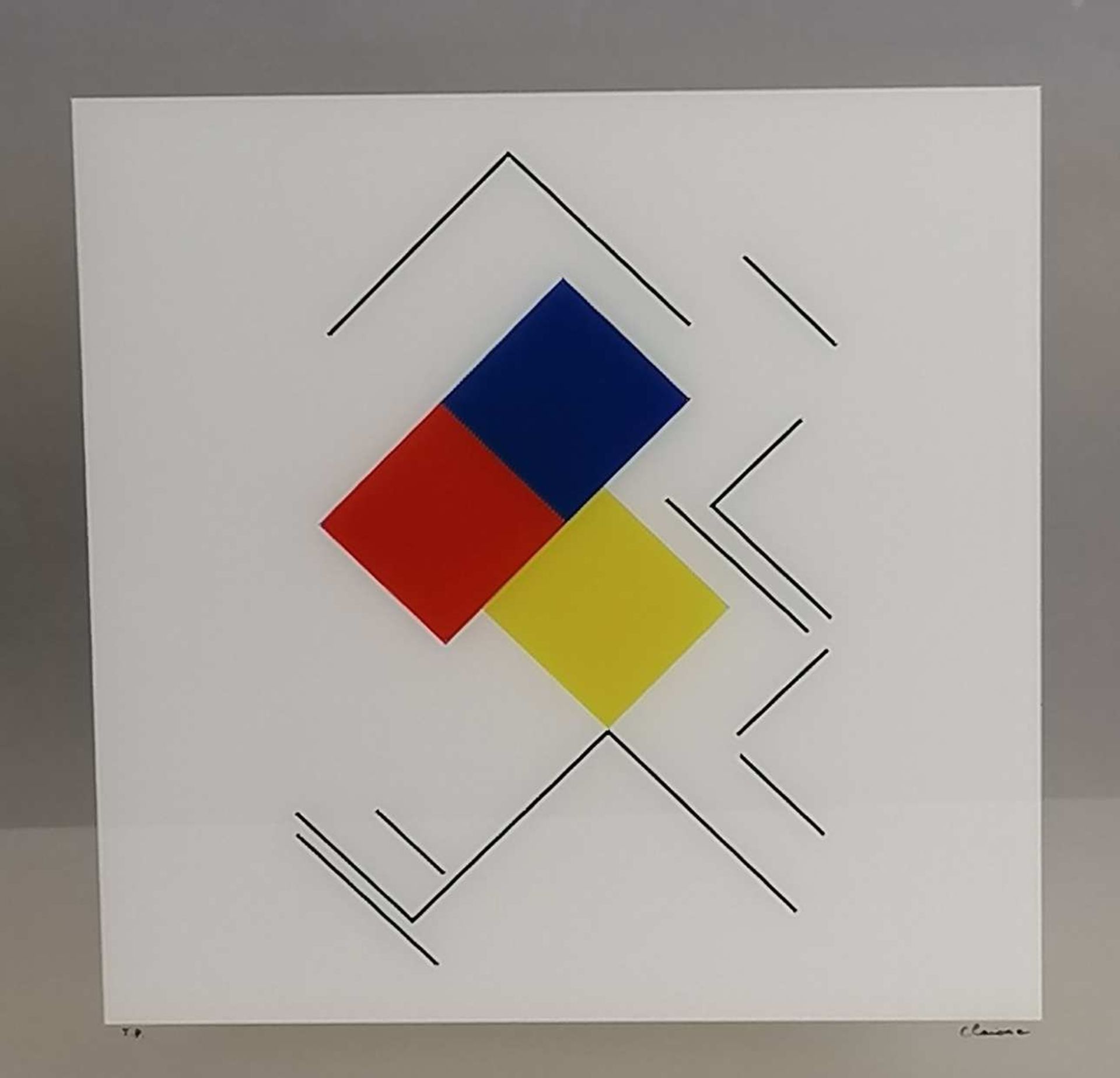 CLAISSE Geneviève (1935-2018). Trois carreaux collés jaune, rouge, bleu. 50 x 50 cm. Annoté TP.