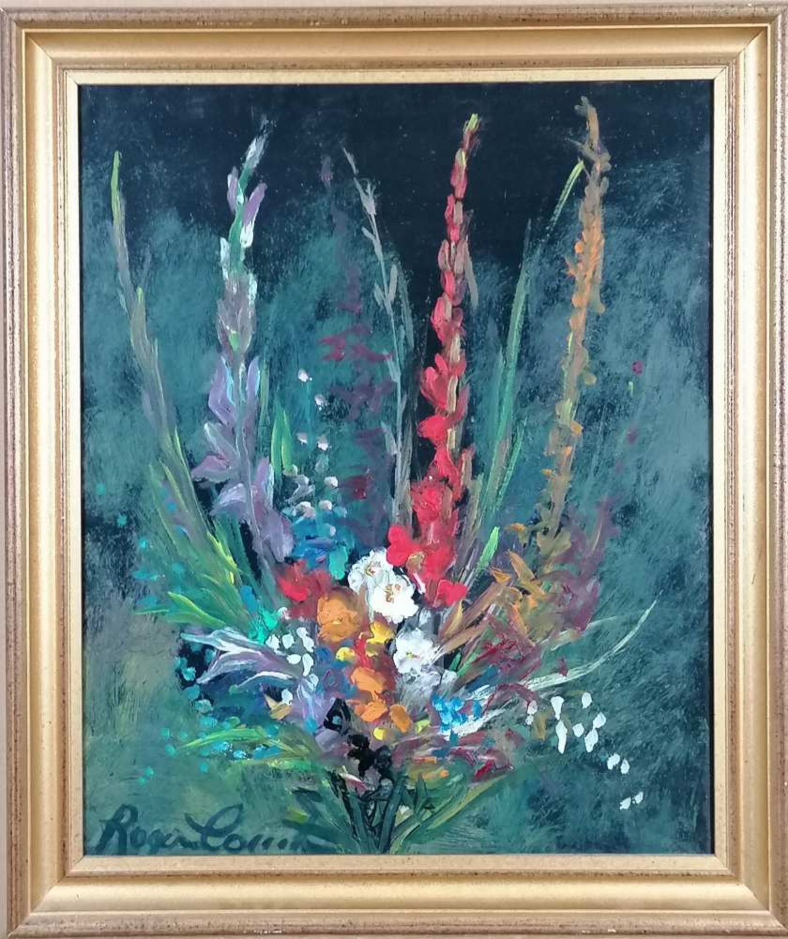 Roger COMTE (XXe-XXIe). Fleurs. Huile sur isorel. Signé en bas à gauche. 60 x 50 cm. Cadre doré.