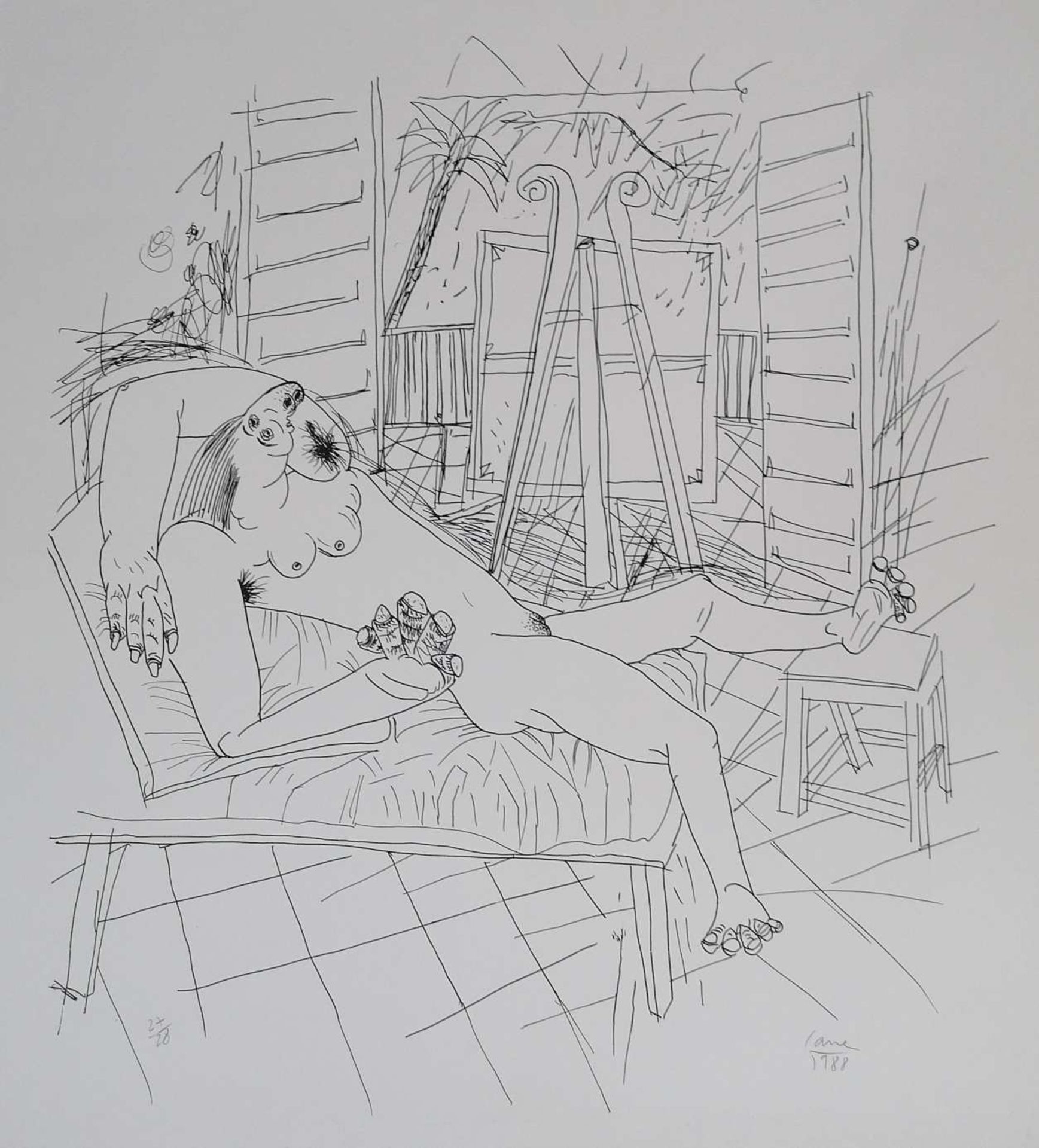 Louis CANE (1943). "Femmes allongées" Lithographie 69 x 63 cm. Numérotée 27/28. Signée en bas à