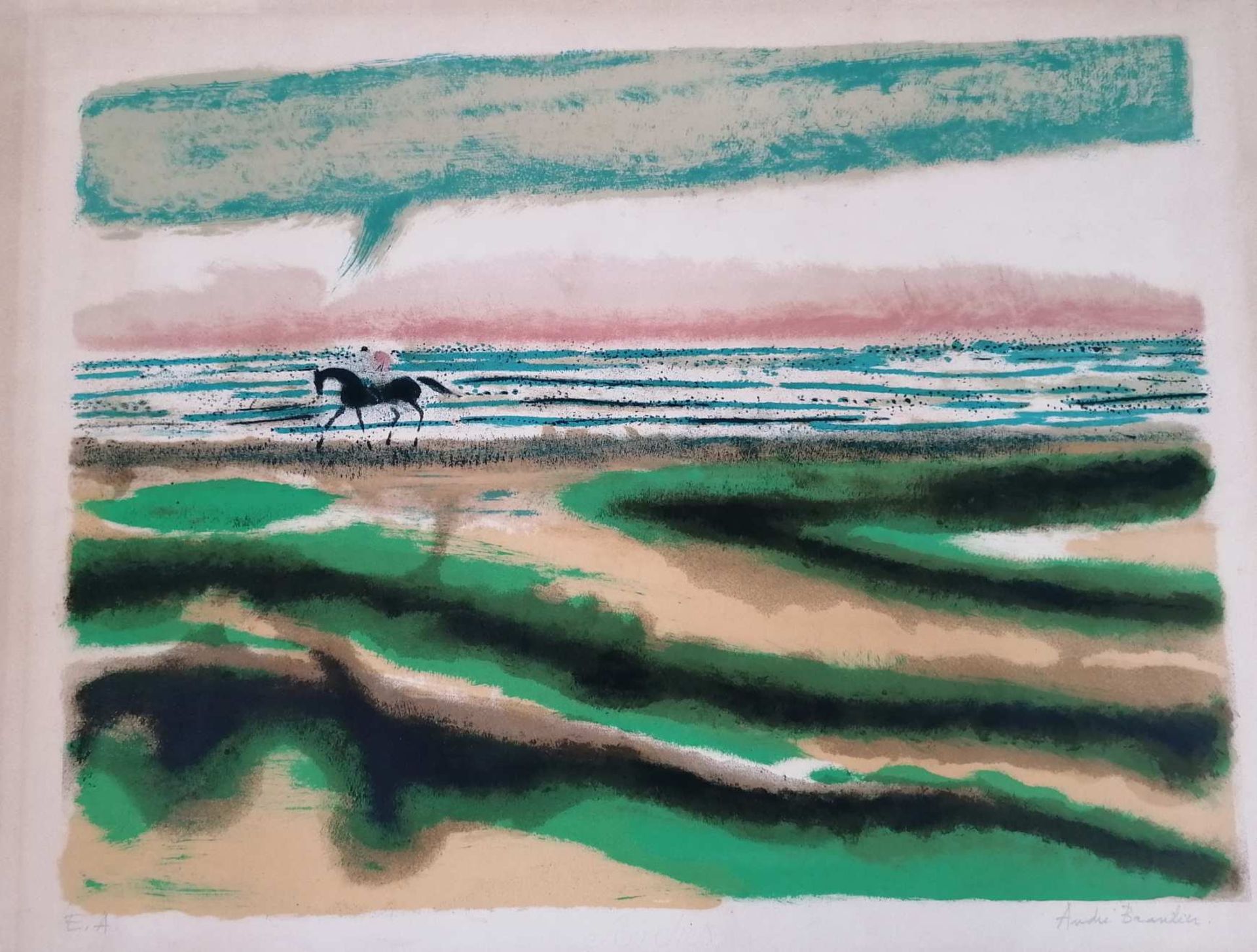 André BRASILIER (né en 1929). Paysage au jockey. Lithographie, signée en bas à droite au crayon.