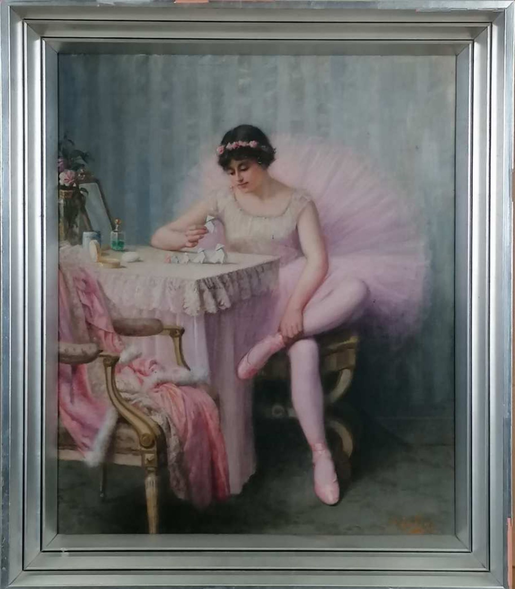 Louis GALLIAC (1849-1934). La ballerine jouant avec des cocottes en papier. Huile sur toile. Signé