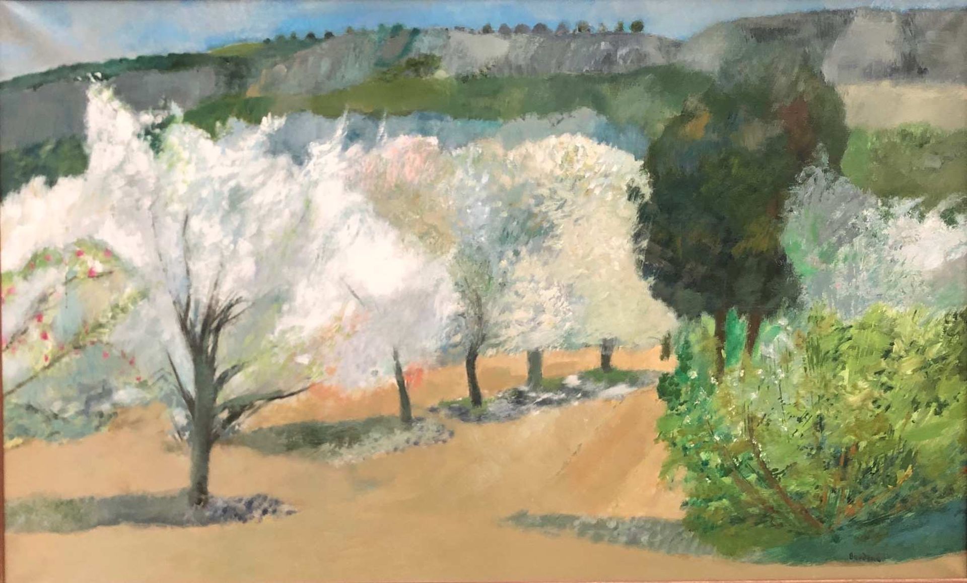 Guy BARDONE (1927-2015). Floraison, Provence. Toile sgnée en bas à droite. 90 x 147 cm. Deux