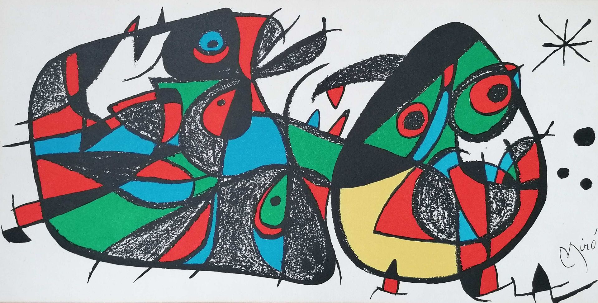 D'après Joan MIRO (1893-1983). "L'ORNITHOLOGUE" 1984, Lithographie 20 x 39,5 cm. Signée dans la