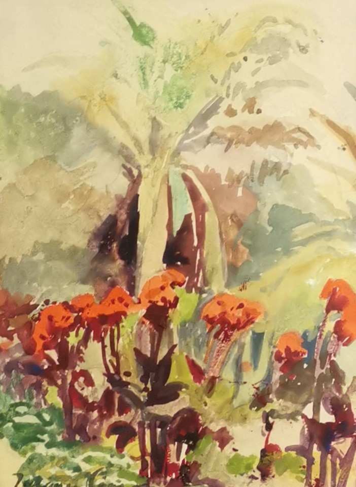 Jacques SIMON (1875-1965). Palmeraie et fleurs rouge à Ain-Taya. Aquarelle, signée en bas à gauche