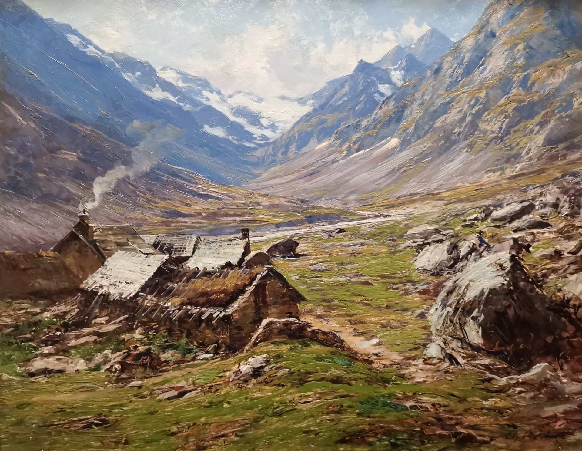 Charles BERTIER (1860 - 1924). Vallée de la Lavey en Oisans animée de Bergerie. Huile sur panneau,