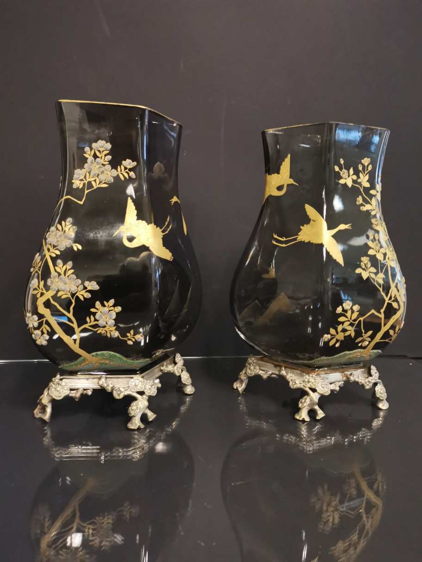 CRISTALLERIE de BACCARAT « Vol de grues au-dessus de pommiers du Japon en fleurs » vers 1880/90