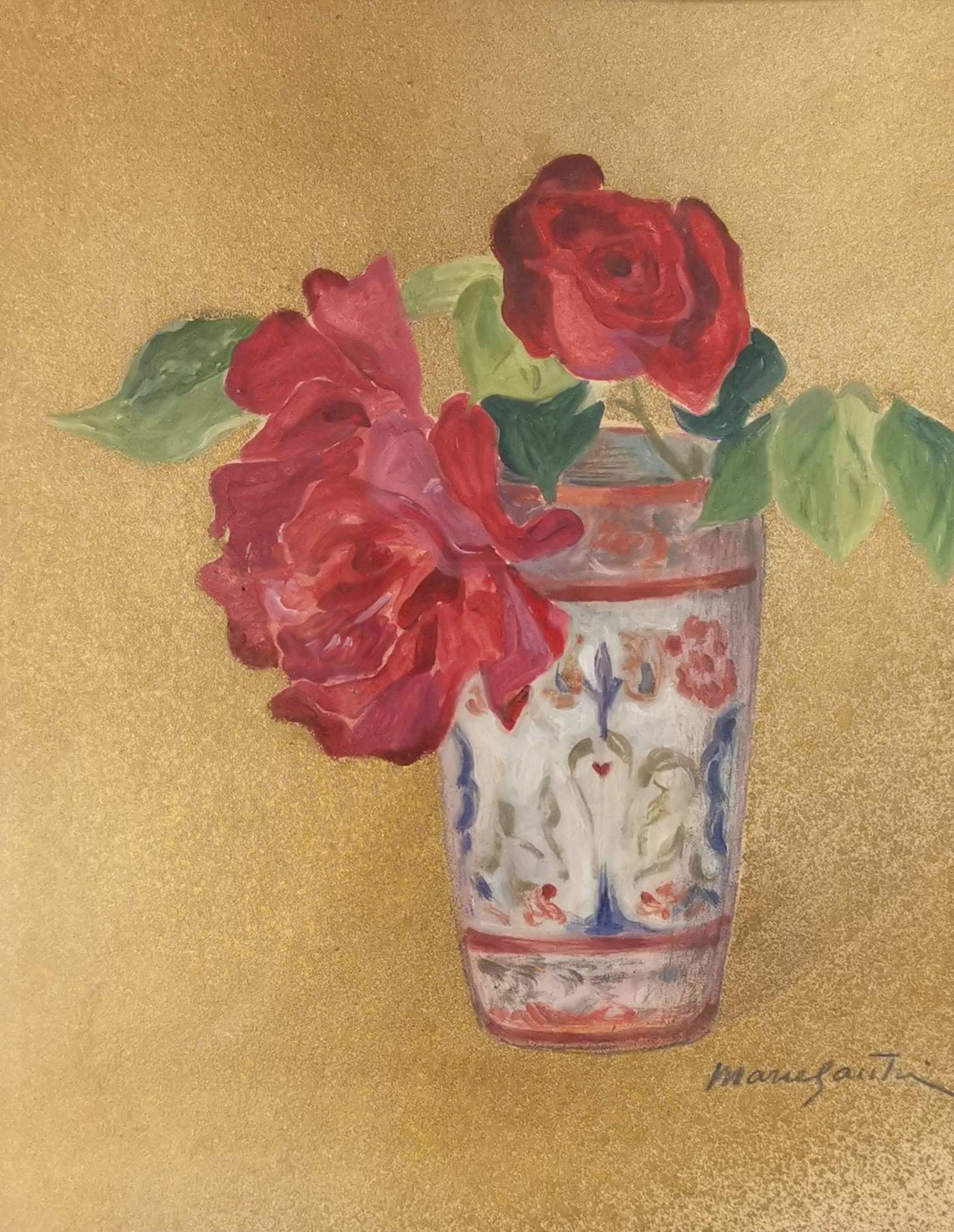Marie GAUTIER (1870-?). Bouquet de roses dans un gobelet oriental. Gouache sur fond doré, signée