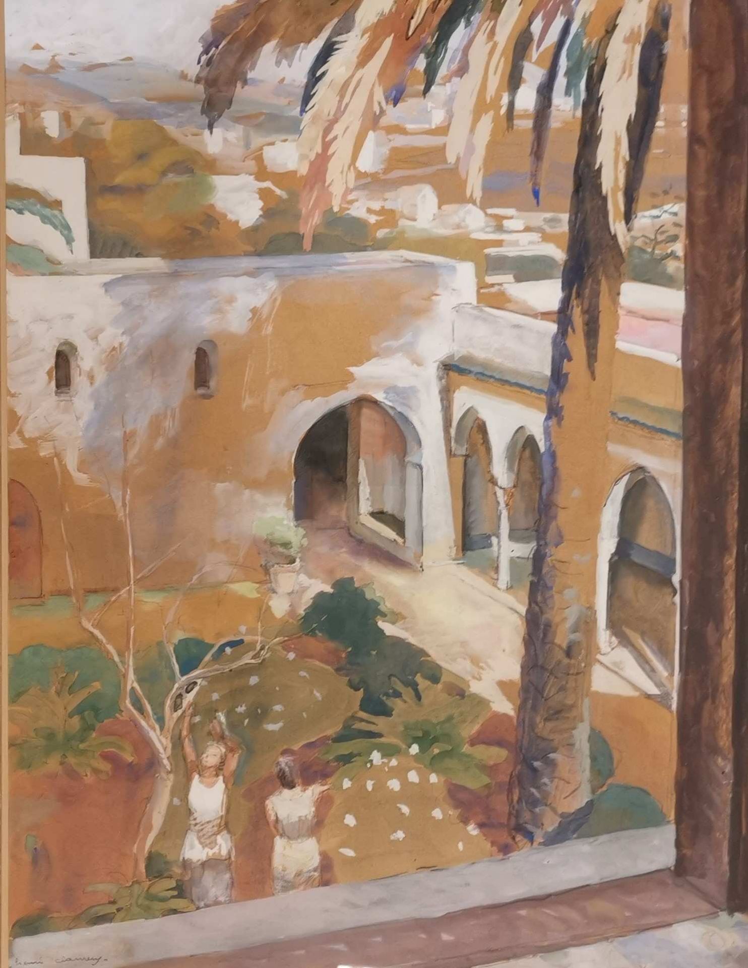 Henri CLAMENS (1905-1937). Jeunes filles dans la Villa Abd-el-Atif. Gouache, signée en bas à gauche.