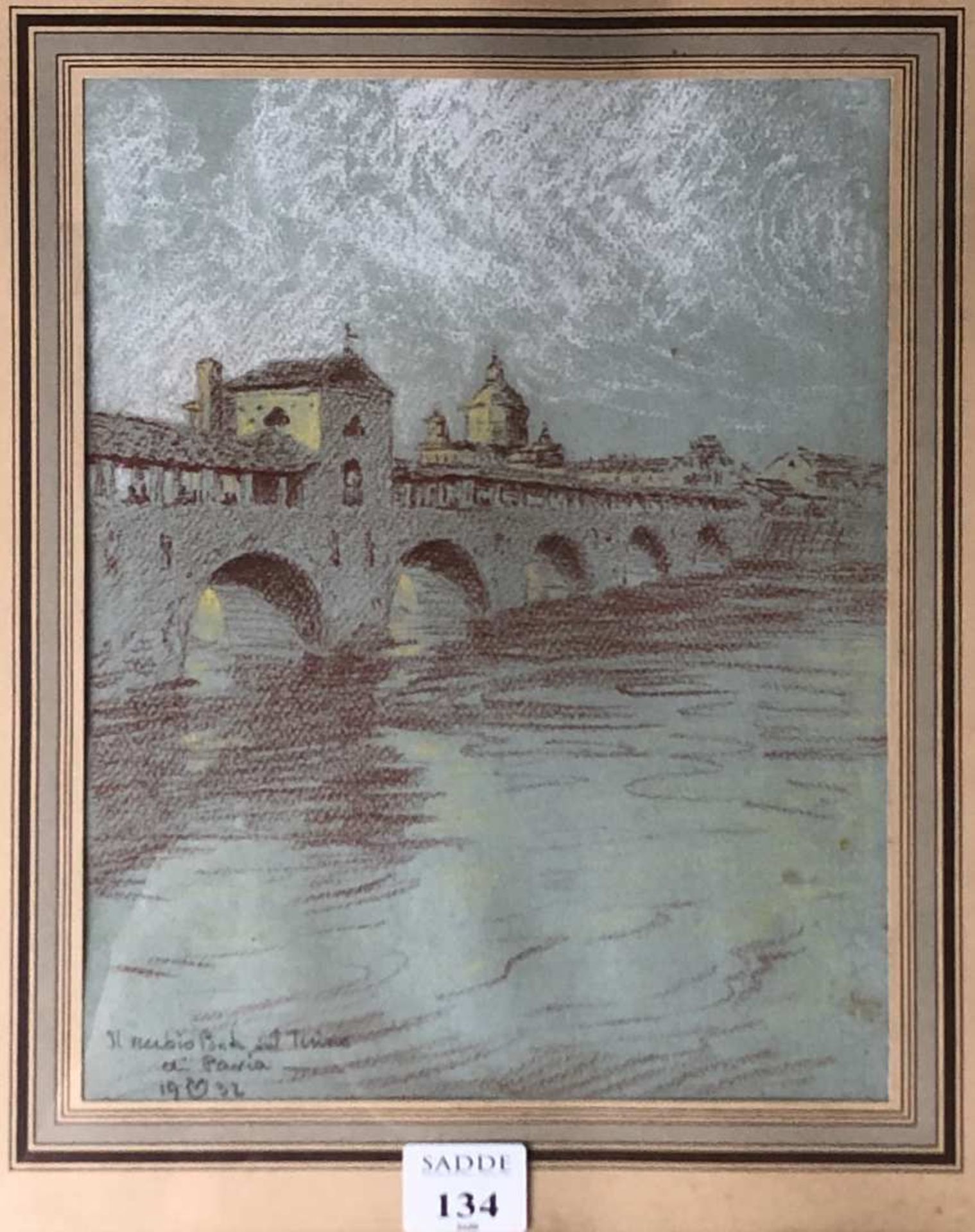 Ecole italienne du début du XXe siècle. Le Ponte Coperto de Pavie. Sanguine et craie sur papier