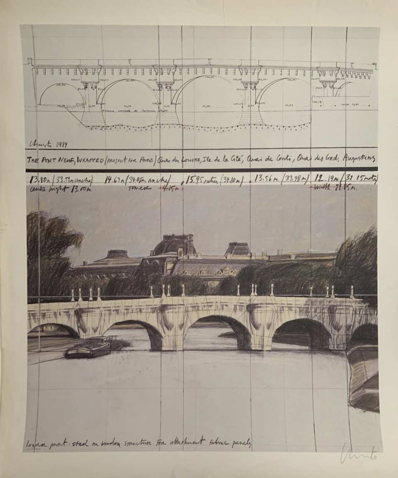 CHRISTO (1935). Le Pont Neuf empaqueté. Tirage offset d'un collage préparatif. Signé au crayon