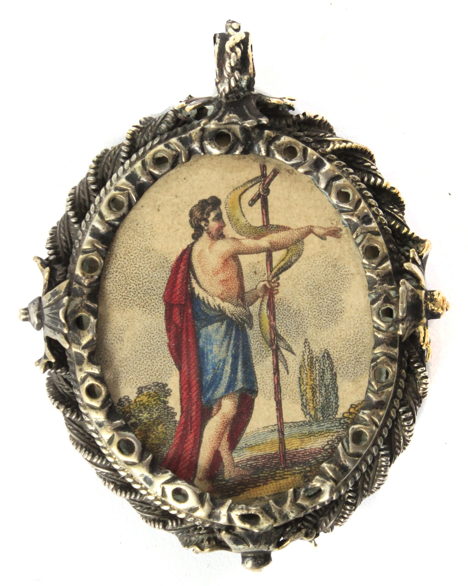 An 18th century Spanish reliquary pendant in silver and verre églomisé