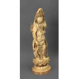 19th century Chinese school. Sculpture of a Guanyin sat on a lotus in carved ivory