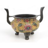 A 19th century Chinese cauldron in bronze and cloisonné enamel