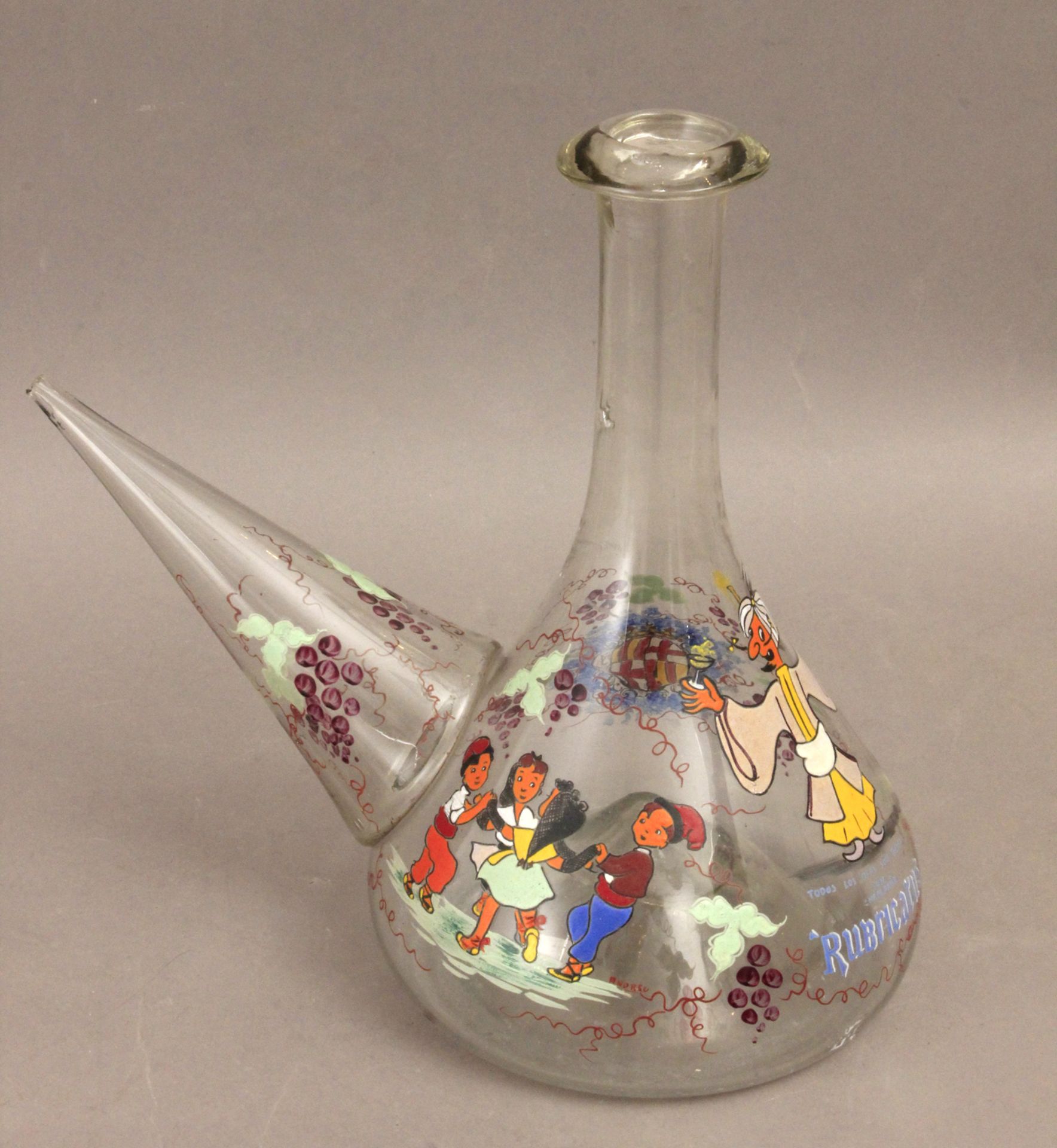 A 20th century glazed glass 'porron' wine container