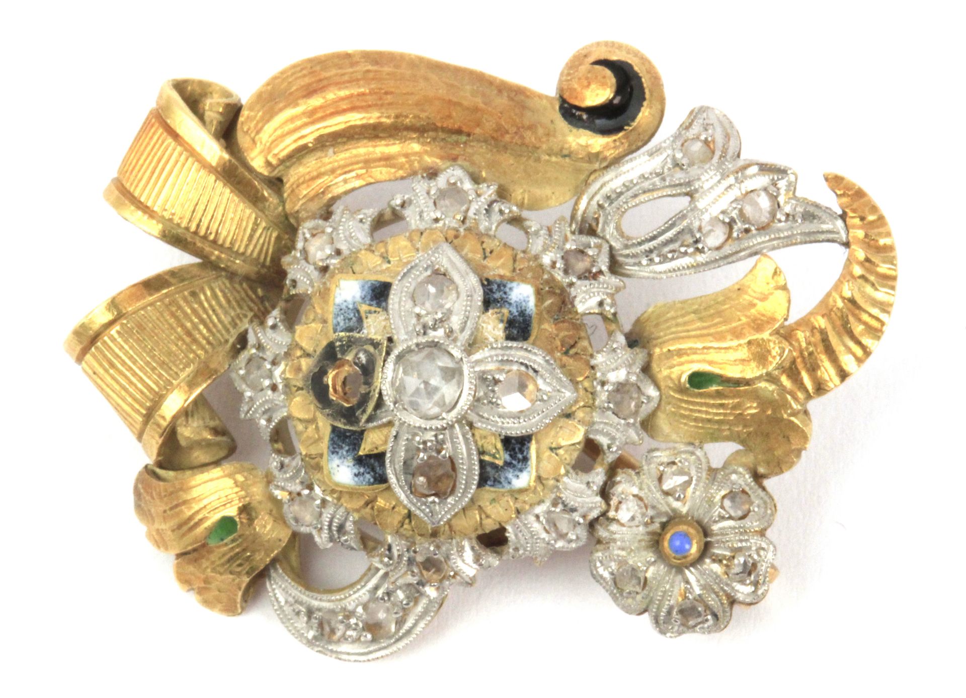 A flowery brooch circa 1950. 18k. yellow gold and platinum setting, rose cut diamonds and enamels - Image 2 of 3