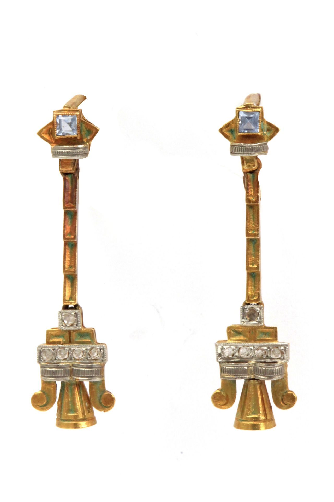 A pair of earrings early 20th century, yellow gold, platinum, diamonds, enamel and synthetic spinels