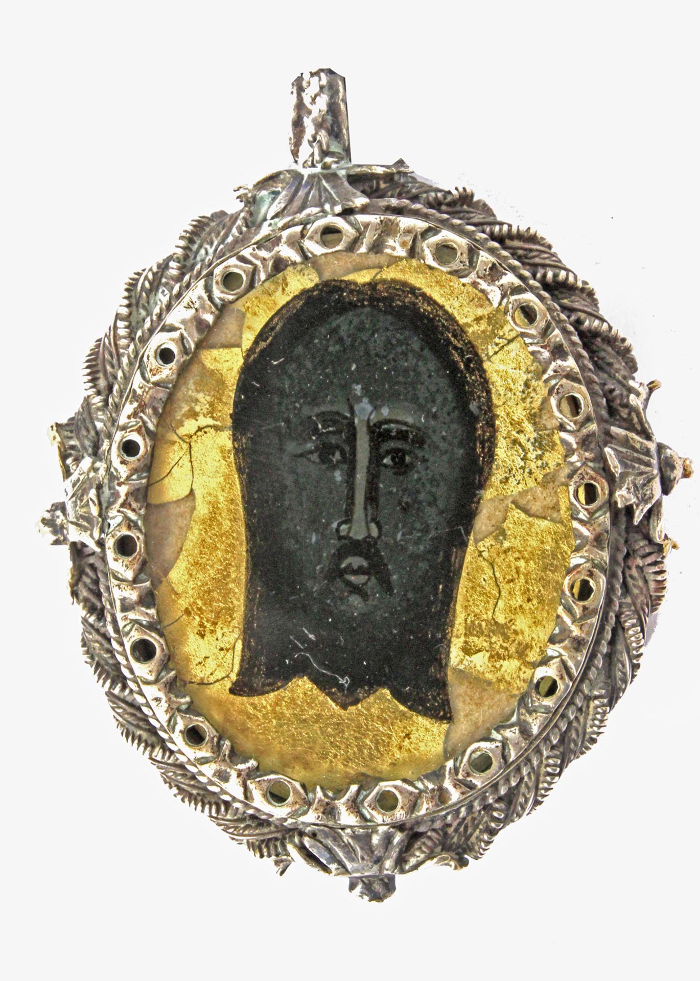 An 18th century Spanish reliquary pendant in silver and verre églomisé - Image 2 of 2