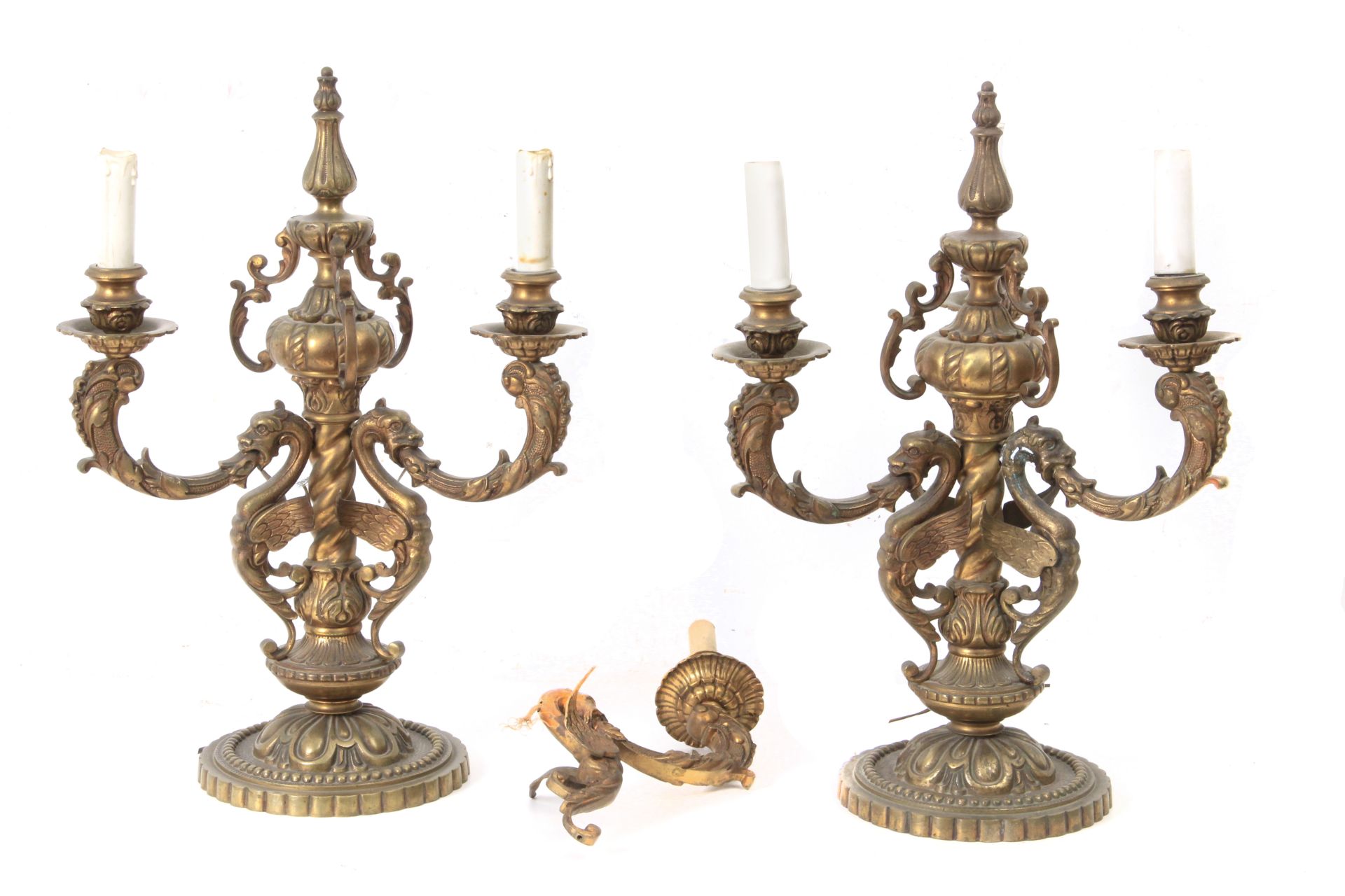 A pair of 20th century three light gilt bronze candelabras