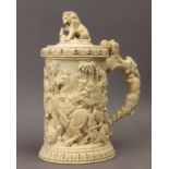 Second half of 19th century German tankard in carved ivory depicting the lion hunting