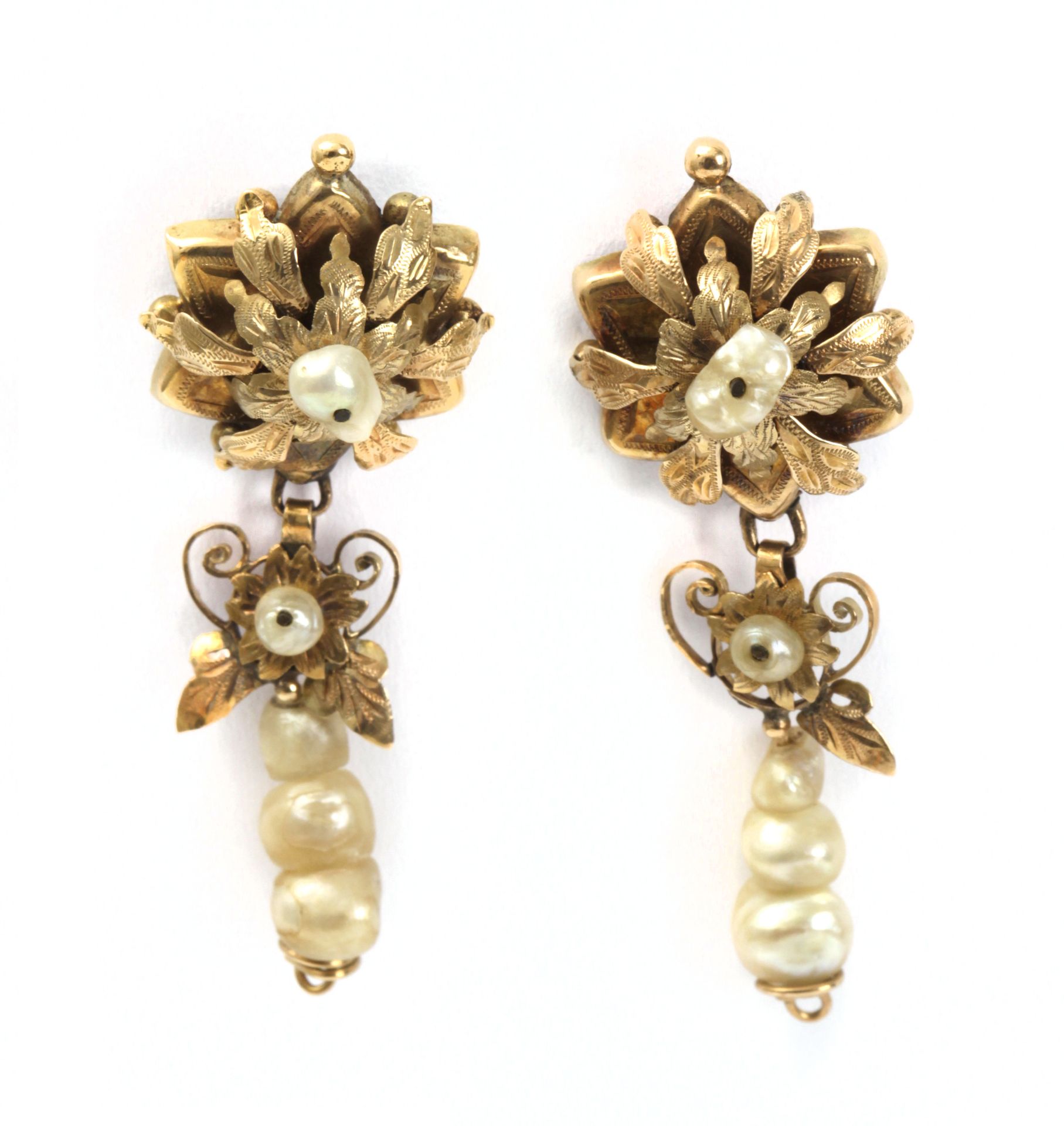 A pair of 19th century pearl and gold long earrings