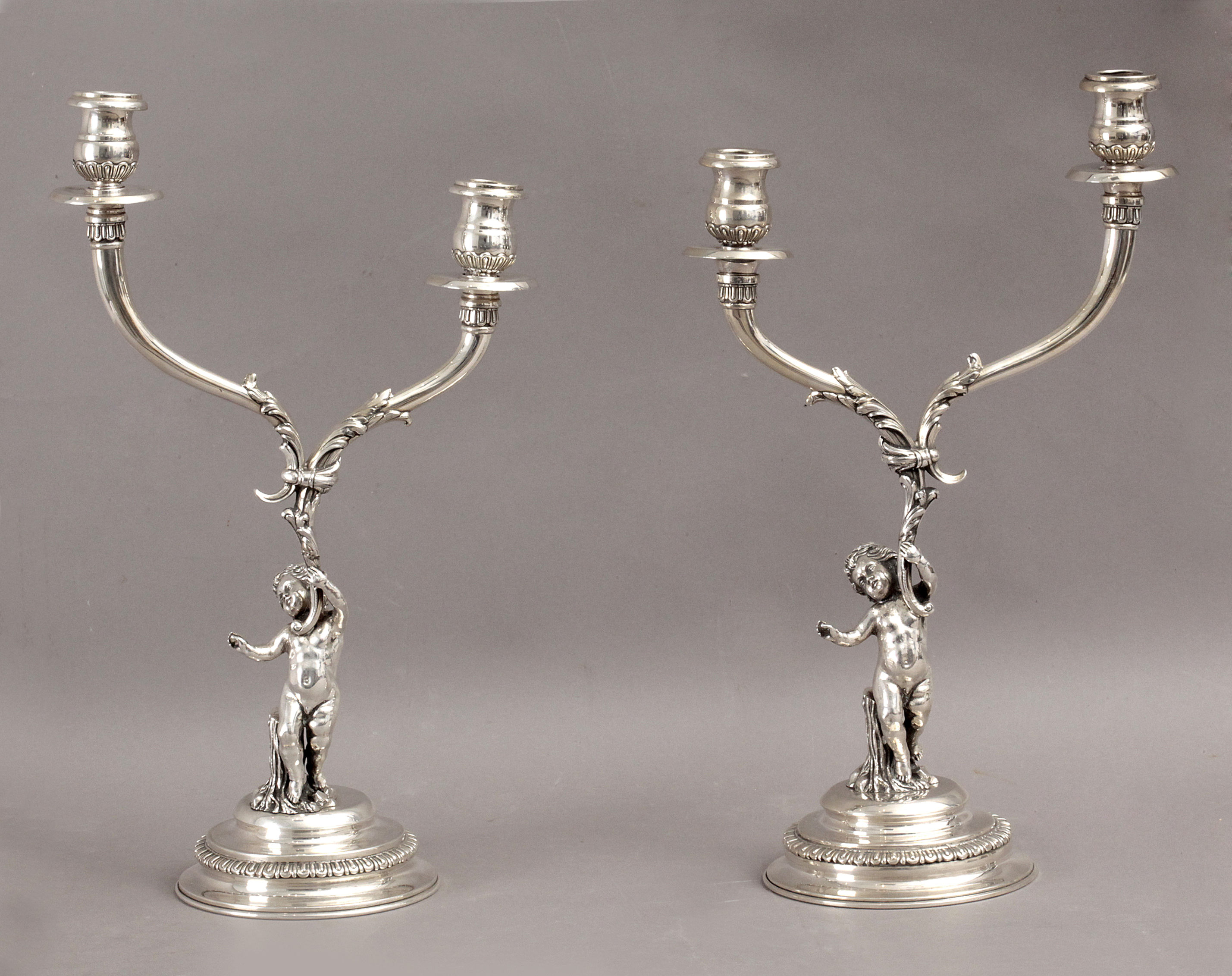 Masriera y Carreras. A pair of 20th century silver candelabras