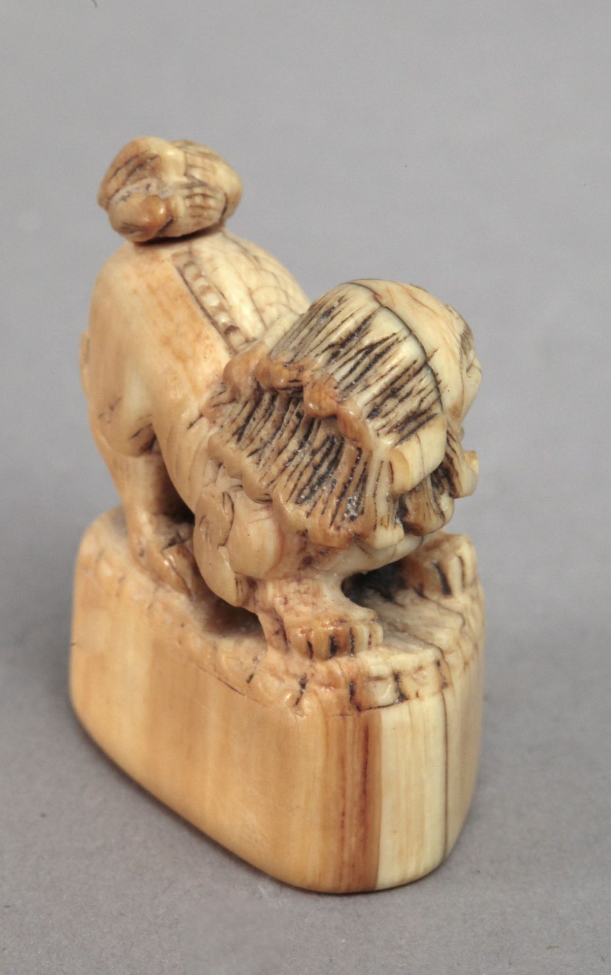 Early 18th century Japanese school. A carved ivory netsuke depicting a Shishi - Image 2 of 3