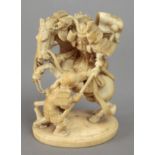 18th century Japanese school. A carved ivory okimono depicting a Samurai. Signed